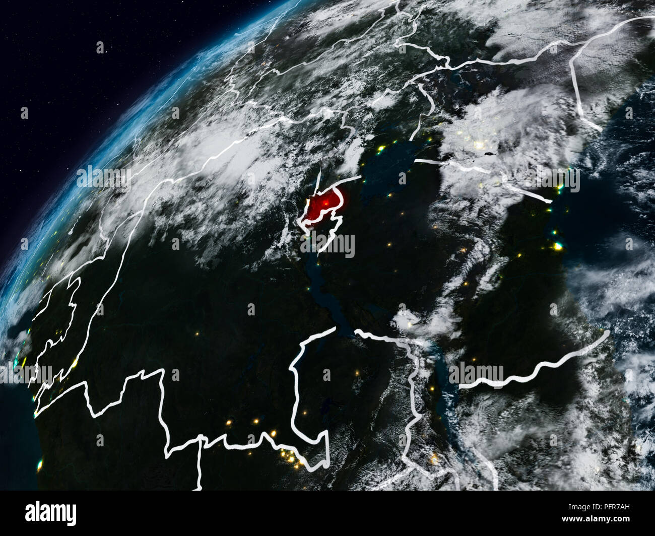Rwanda on planet Earth at night with visible country borders. 3D ...