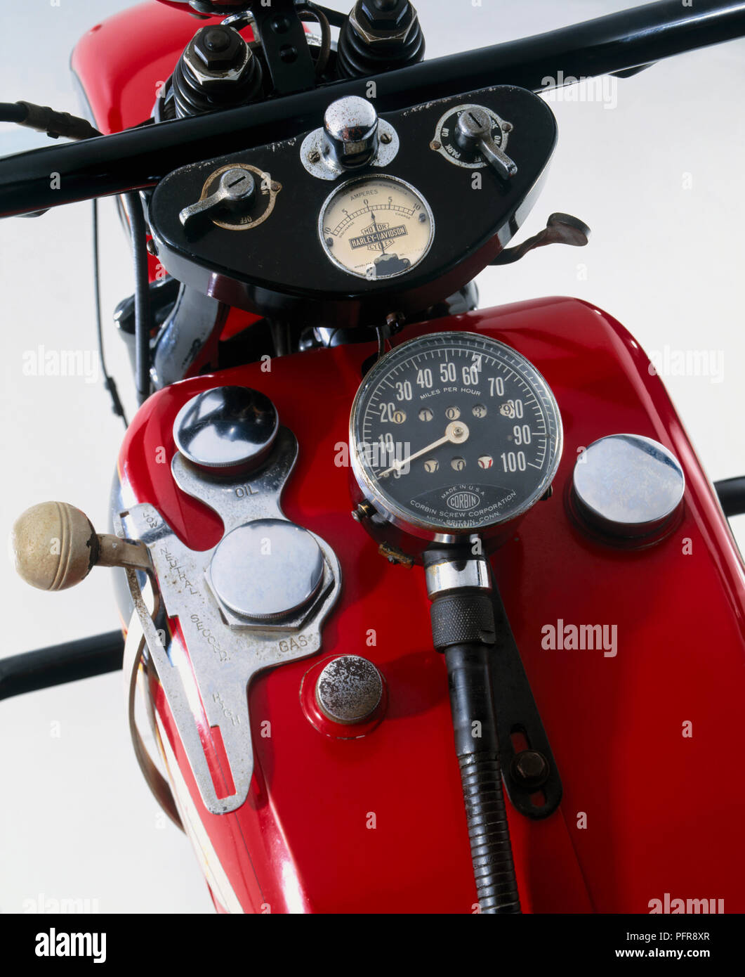 Instrument panel of red Harley-Davidson Flathead V-Twin motorbike Stock Photo