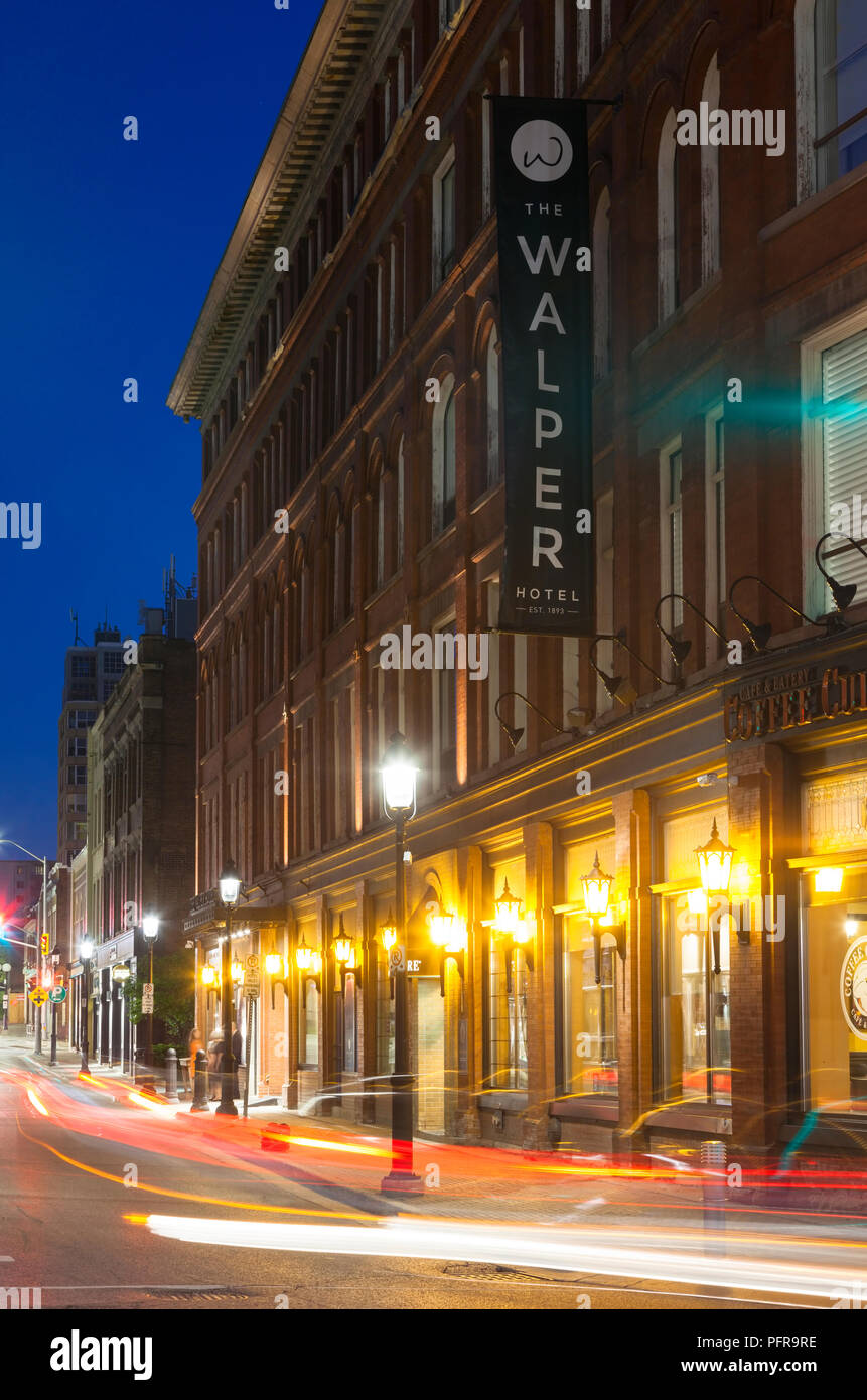 The Walper Hotel along King Street West at dusk in downtown Kitchener, Ontario, Canada. Stock Photo