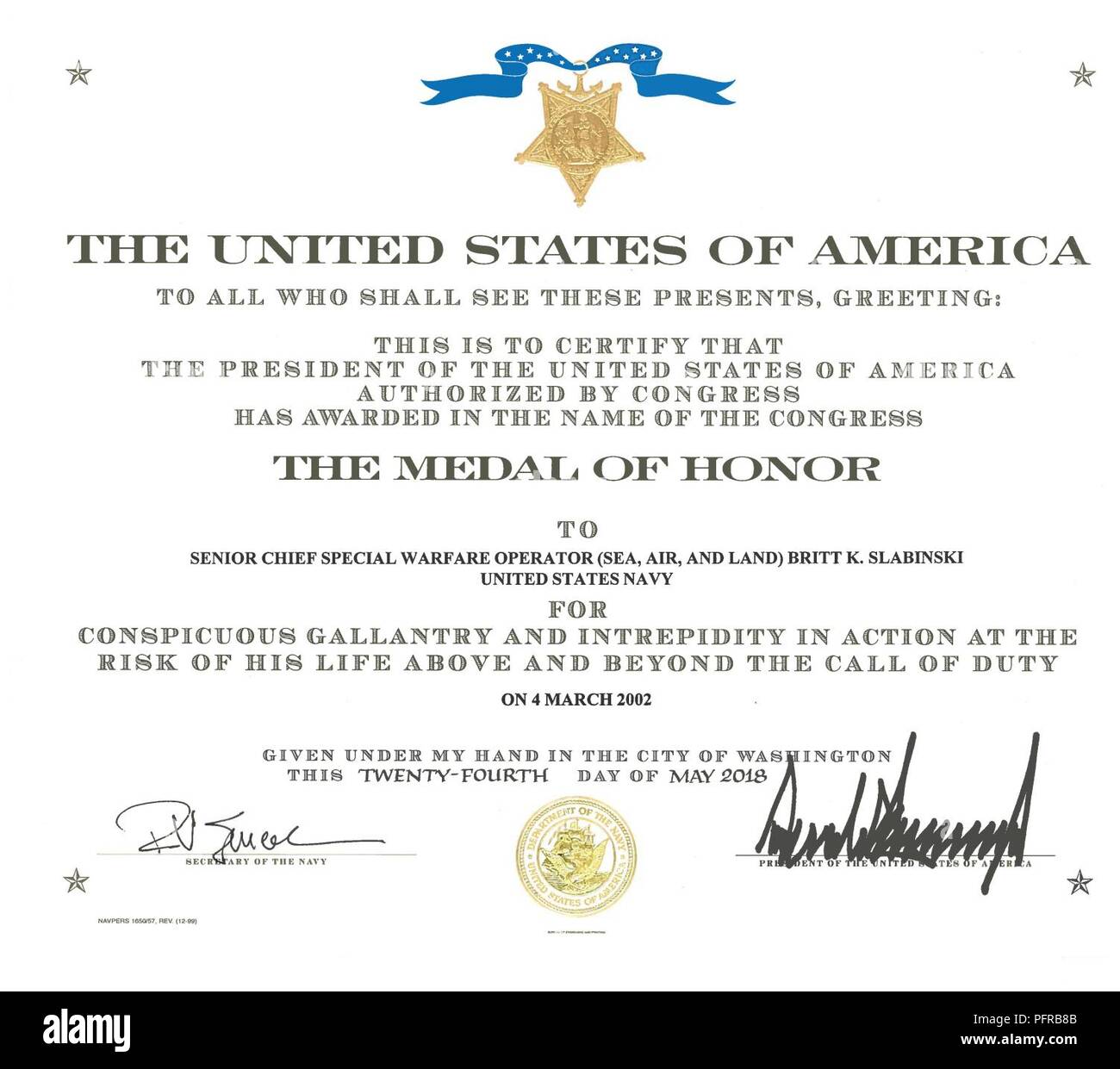 (May 25, 2018) The Medal of Honor certificate of retired Master Chief Special Warfare Operator (SEAL) Britt Slabinski. President Donald J. Trump presented the Medal of Honor to Slabinski during a ceremony at the White House in Washington, D.C. Slabinski received the Medal of Honor for his actions during Operation Anaconda in Afghanistan in March 2002. Stock Photo