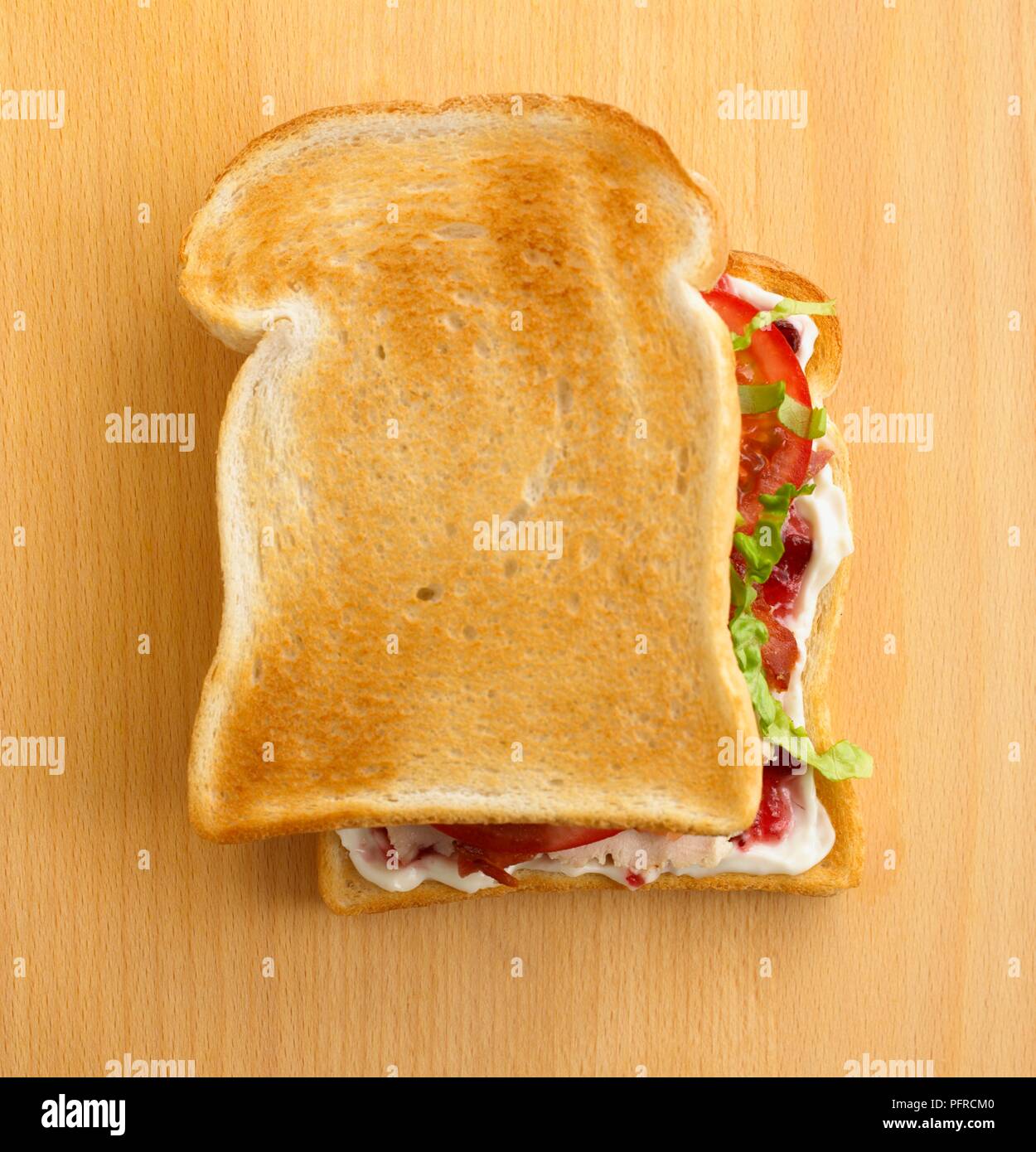 Two slices of toasted white bread stuffed with mayonnaise, cranberry