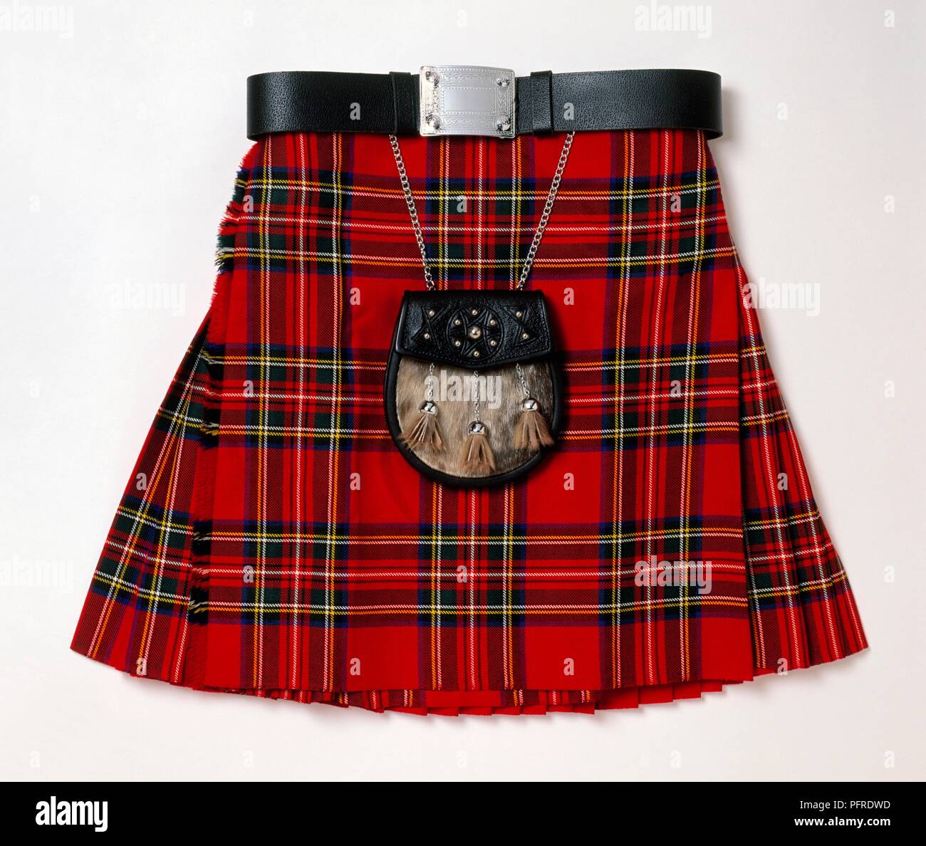Royal Stewart Tartan kilt with sporran attached to belt Stock Photo