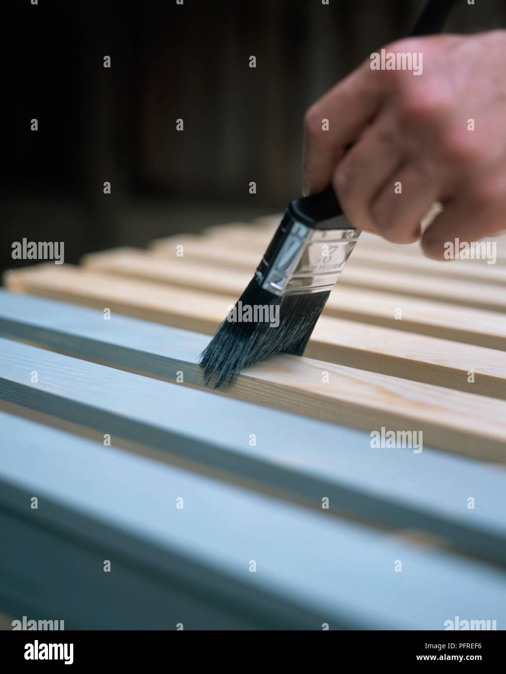 Hand painting wooden slats (building staging for greenhouse), closeup Stock Photo Alamy