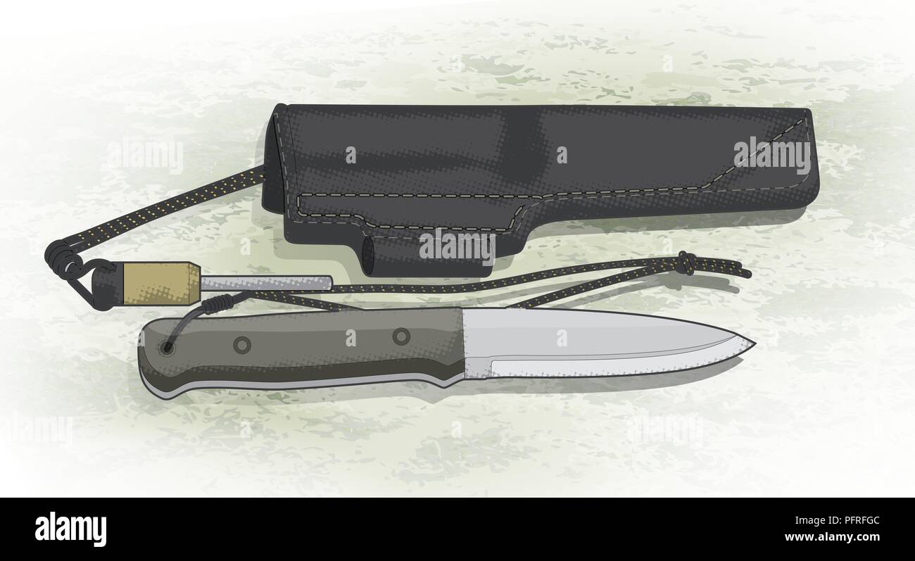 Digital illustration of bushcraft knife, firesteel and leather sheath