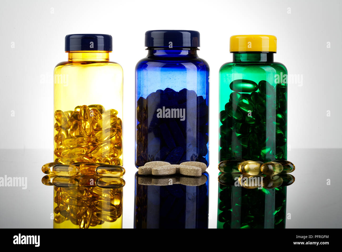 Cod liver oil capsules, silica pill, and evening primrose capsules