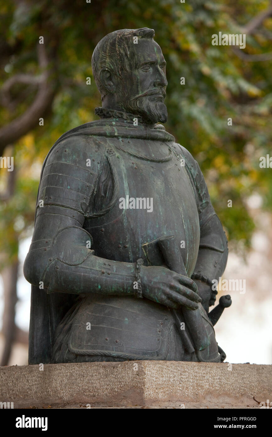 Chile, Coquimbo Region, La Serena city, Plaza de Armas, statue of Pedro Gutierrez de Valdivia, 16th century Spanish Conquistador Stock Photo