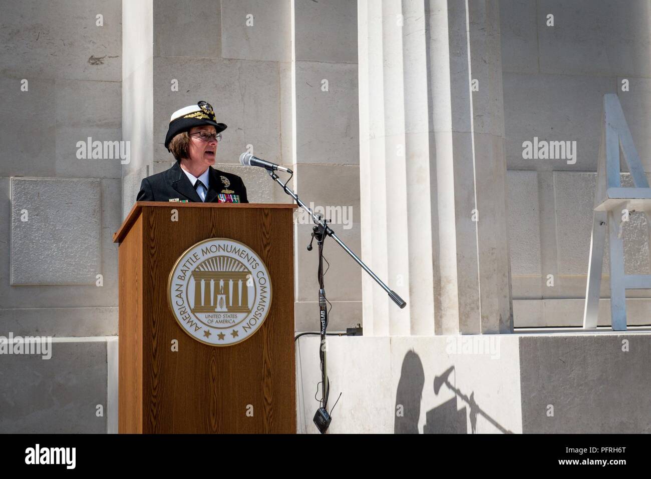 BROOKWOOD, England (May 27, 2018) Vice Adm. Lisa M. Franchetti, commander, U.S. 6th Fleet and commander, Naval Striking and Support Forces NATO, delivers remarks during a Memorial Day and World War I centennial commemoration ceremony at Brookwood American Military Cemetery in Brookwood, England, May 27, 2018. Admirals from U.S. Naval Forces Europe-Africa and U.S. 6th Fleet traveled throughout Europe visiting American cemeteries and monuments to honor the lives and legacies of fallen U.S. and allied service members that paid the ultimate sacrifice in the service of their countries. U.S. Naval F Stock Photo