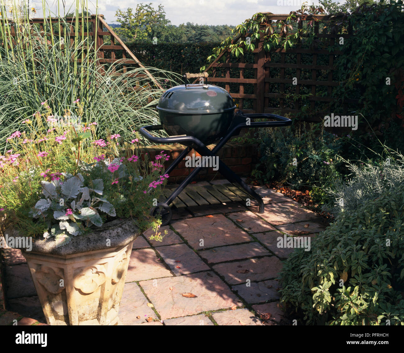 Small garden with portable barbecue standing on a patio surrounded by pot plants Stock Photo