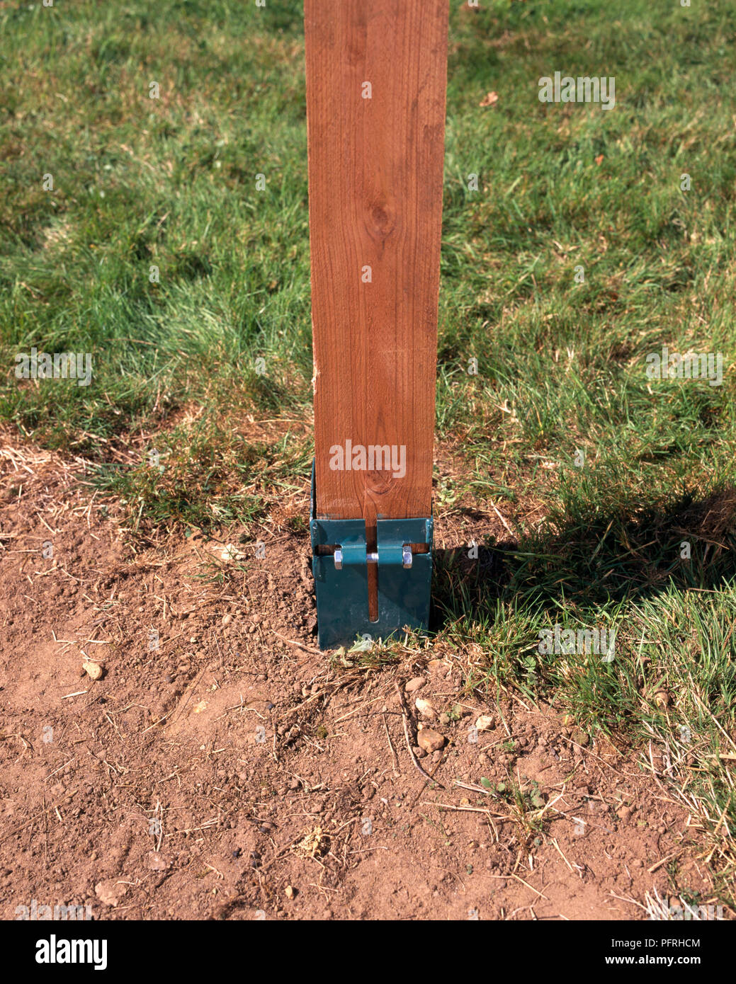 Wooden post secured in ground by metal support in preparation for