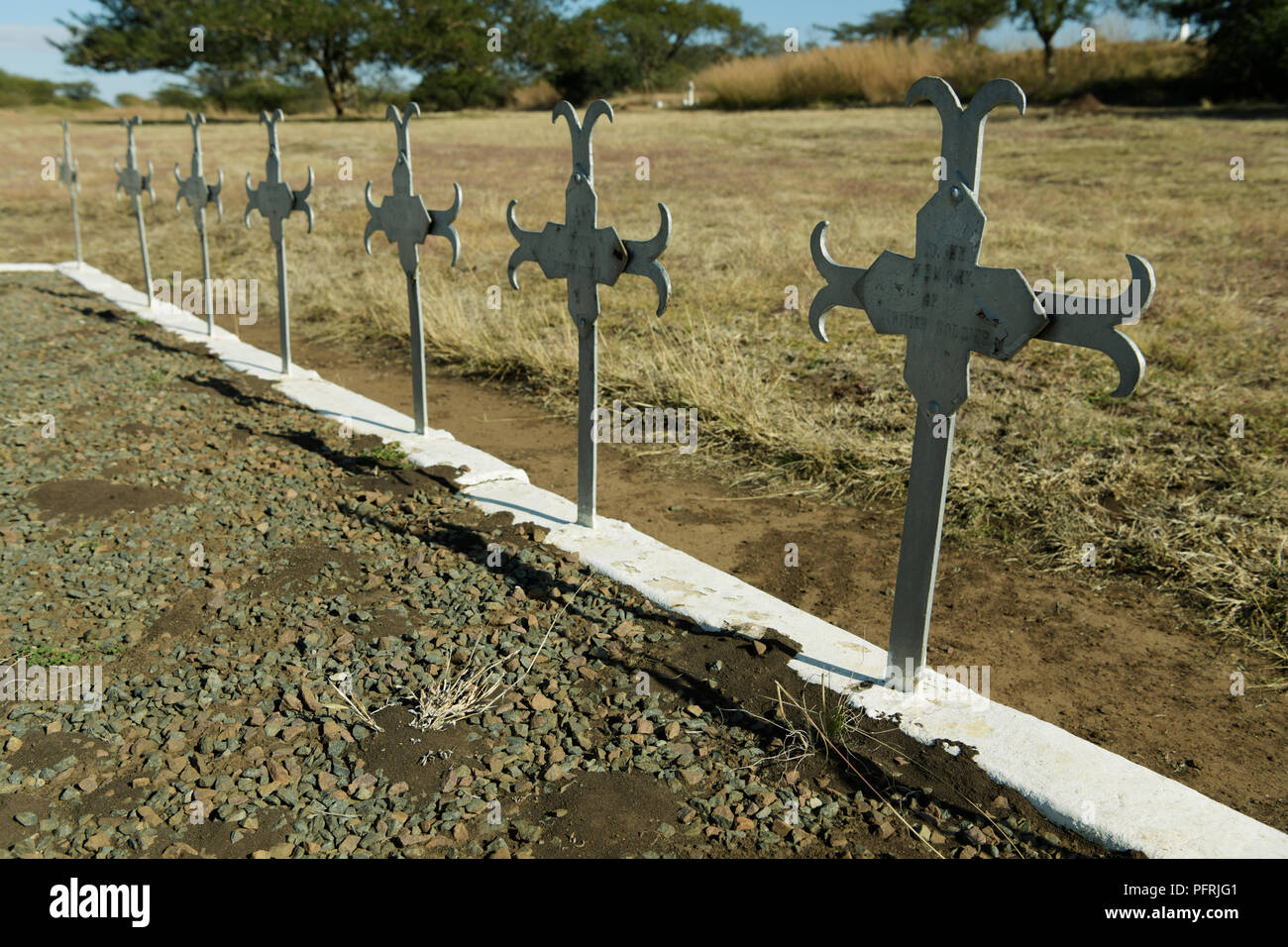 Steel crosses on mass war grave marked To the memory of British Soldier at Clouston Memorial Garden for men KIA, Battle of Colenso 15 Dec 1899 Stock Photo