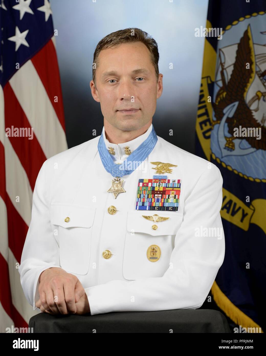 180525-A-SS368-006 WASHINGTON (May 25, 2018) An official portrait of retired Master Chief Special Warfare Operator (SEAL) Britt K. Slabinski taken May 25, 2018 at the Pentagon. President Donald J. Trump awarded the Medal of Honor to Slabinski during a White House ceremony May 24, 2018 for his heroic actions during the Battle of Takur Ghar in March 2002 while serving in Afghanistan. Slabinski is being recognized for his actions while leading a team under heavy effective enemy fire in an attempt to rescue SEAL teammate Petty Officer 1st Class Neil Roberts during Operation Anaconda in 2002. The M Stock Photo