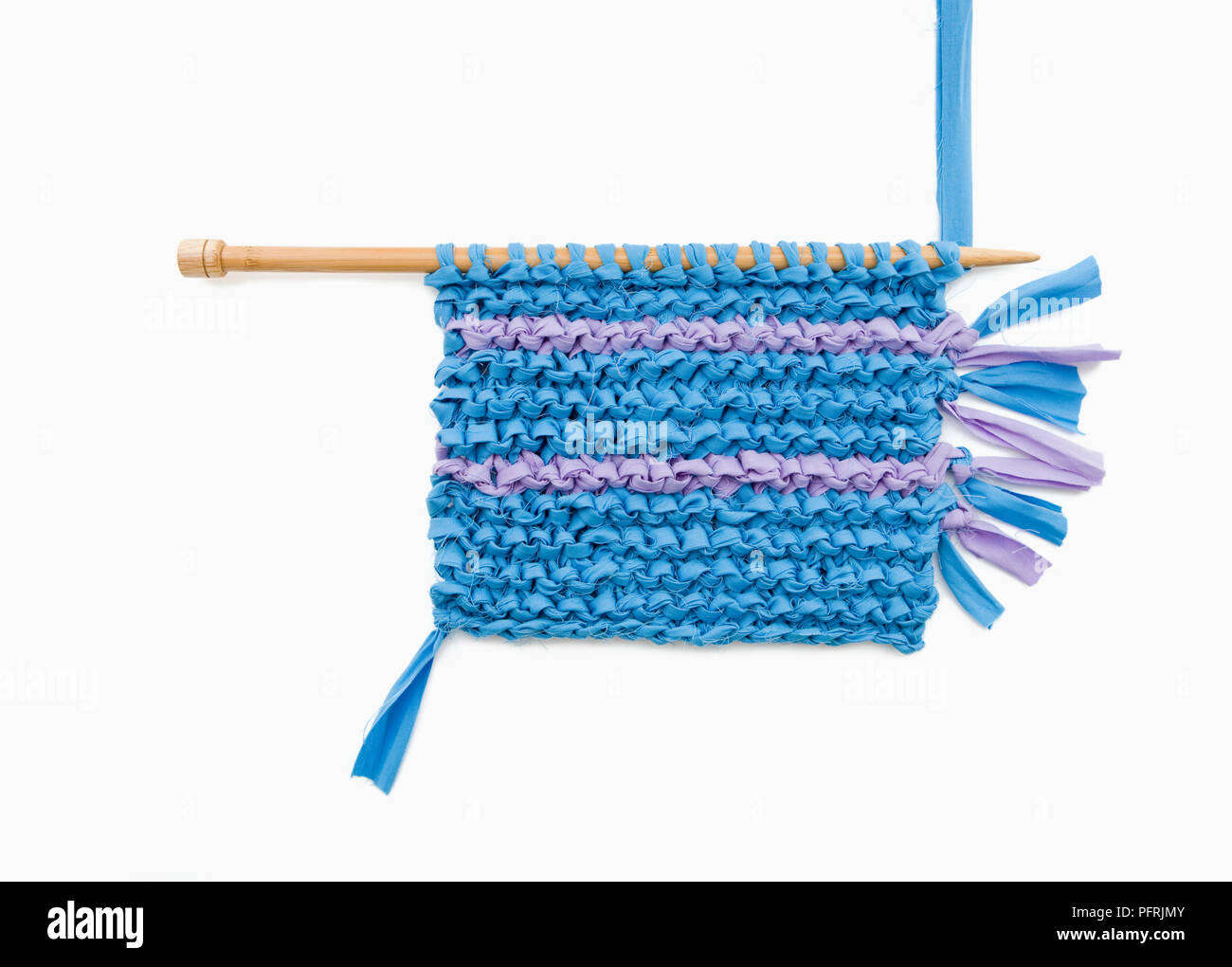 Piece Of Blue Knitting Made With Recycled Plastic Yarn Stock