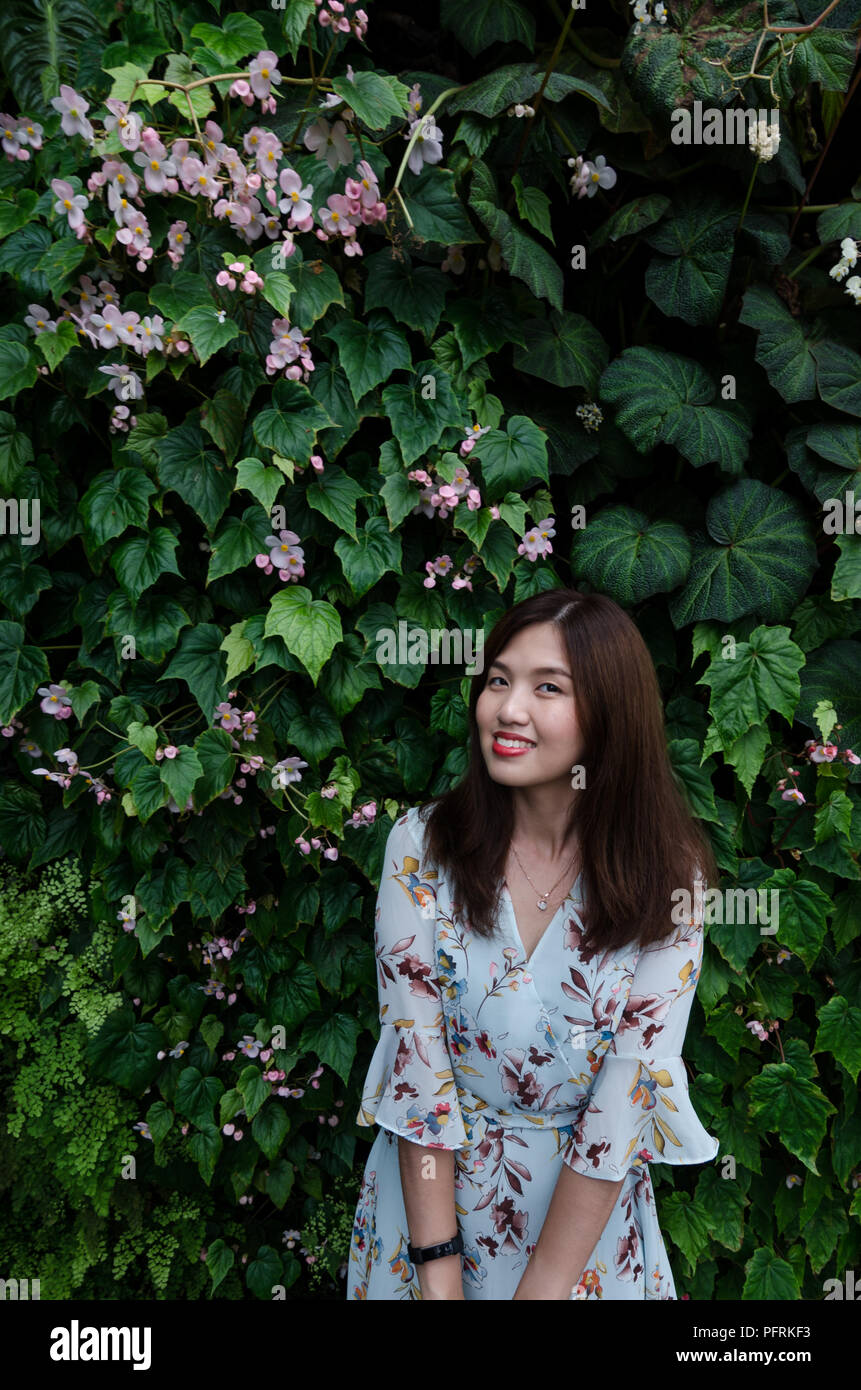 Portrait of beautiful Asian girl in floral dress posing in front of living plant wall at Cloud Forrest of Garden By The Bay Singapore. Stock Photo