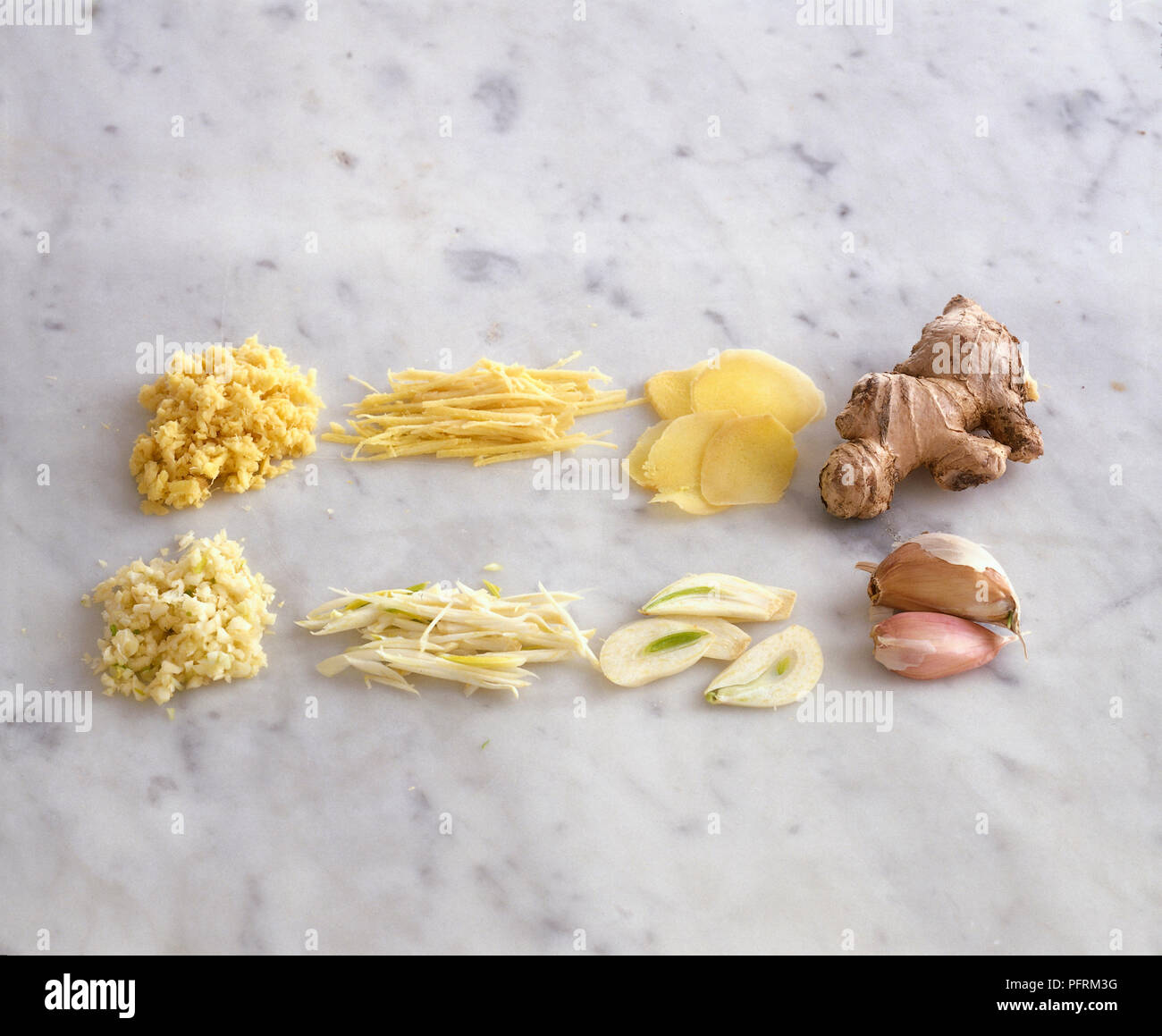 Ginger root, sliced and finely chopped silken threads, garlic cloves, sliced and finely chopped