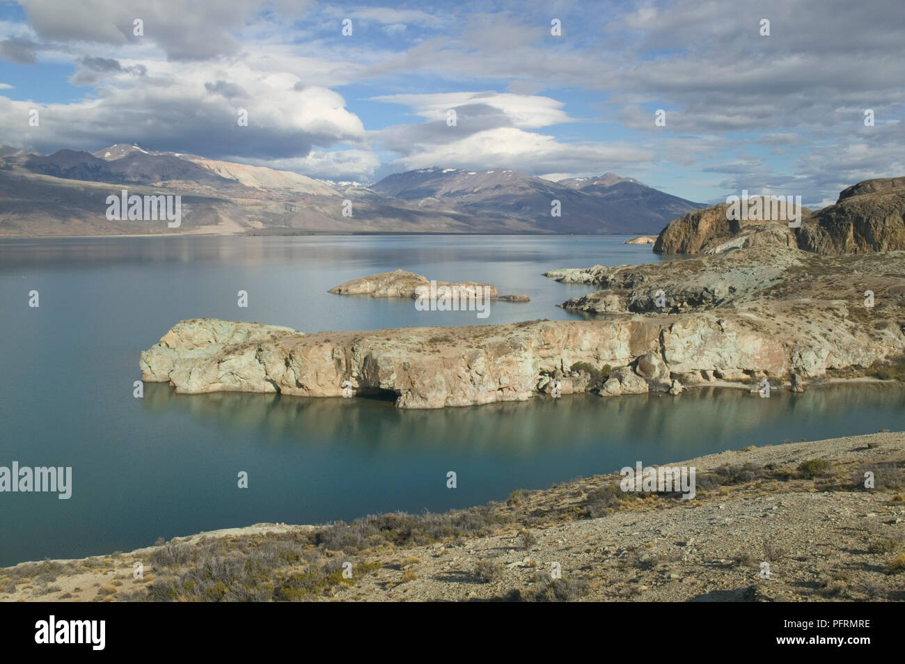 Argentina, Patagonia, Santa Cruz Province, Lago Posadas, lake surrounded by rocky shoreline Stock Photo