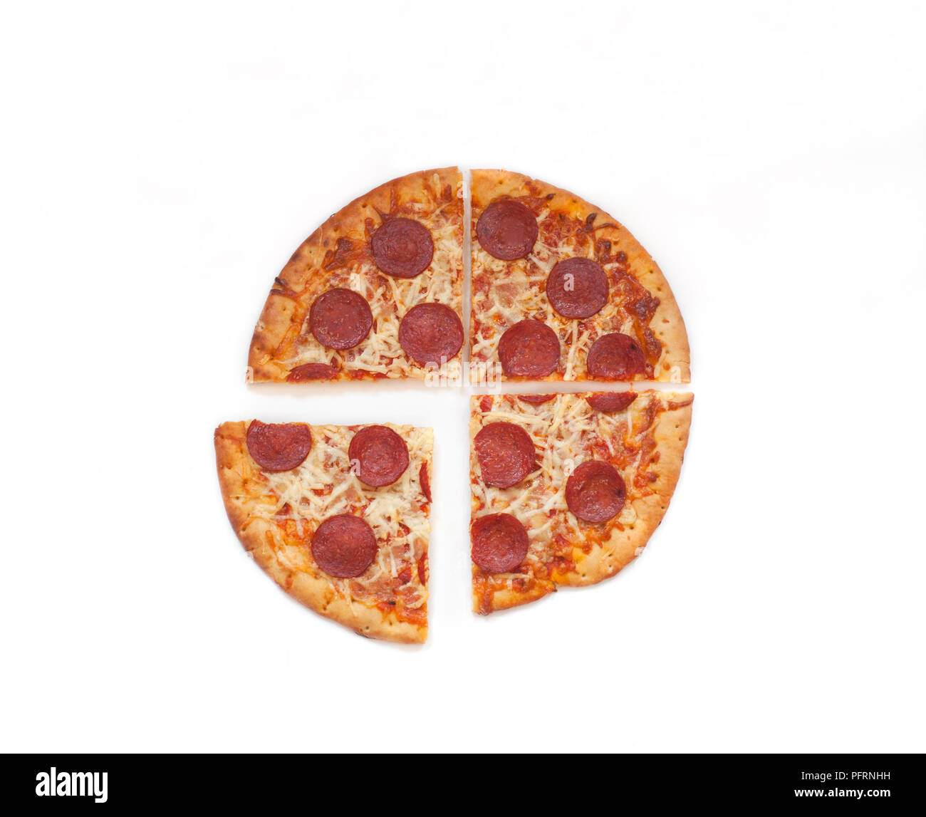Pepperoni pizza cut into four quarters, one slice slightly removed from the  others Stock Photo - Alamy