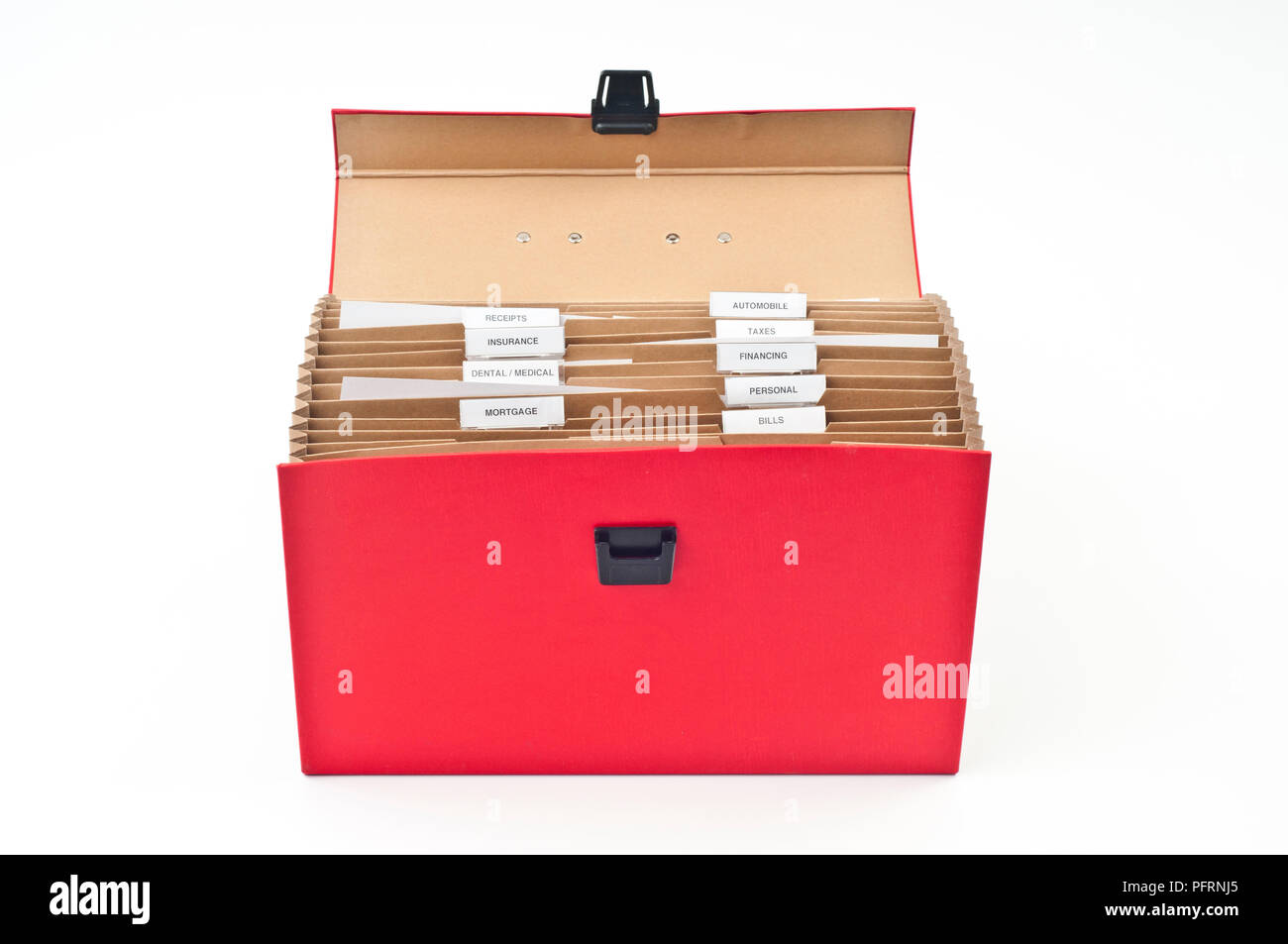 Red filing box containing various, labelled files Stock Photo - Alamy