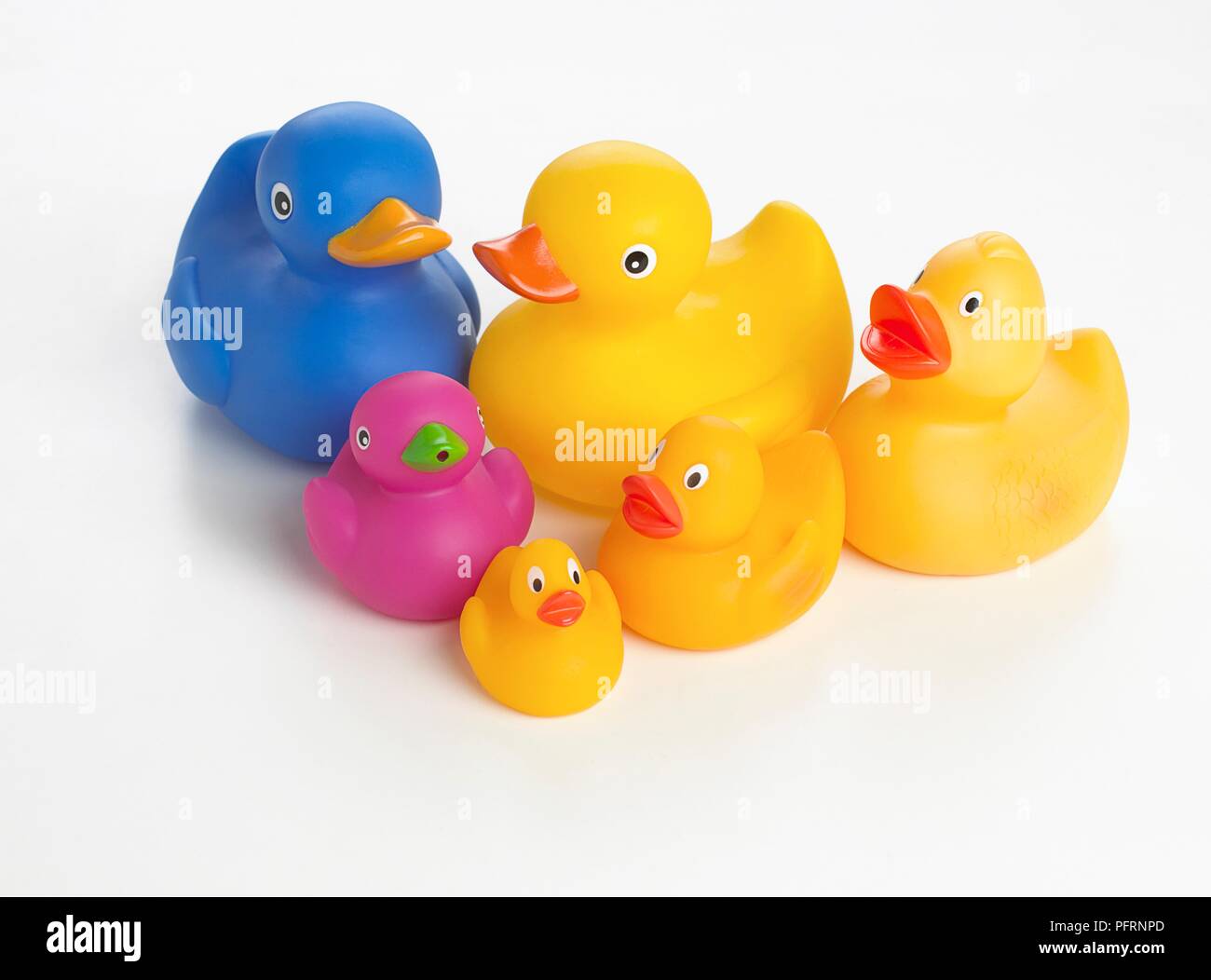 Six plastic bath ducks, closeup Stock Photo Alamy