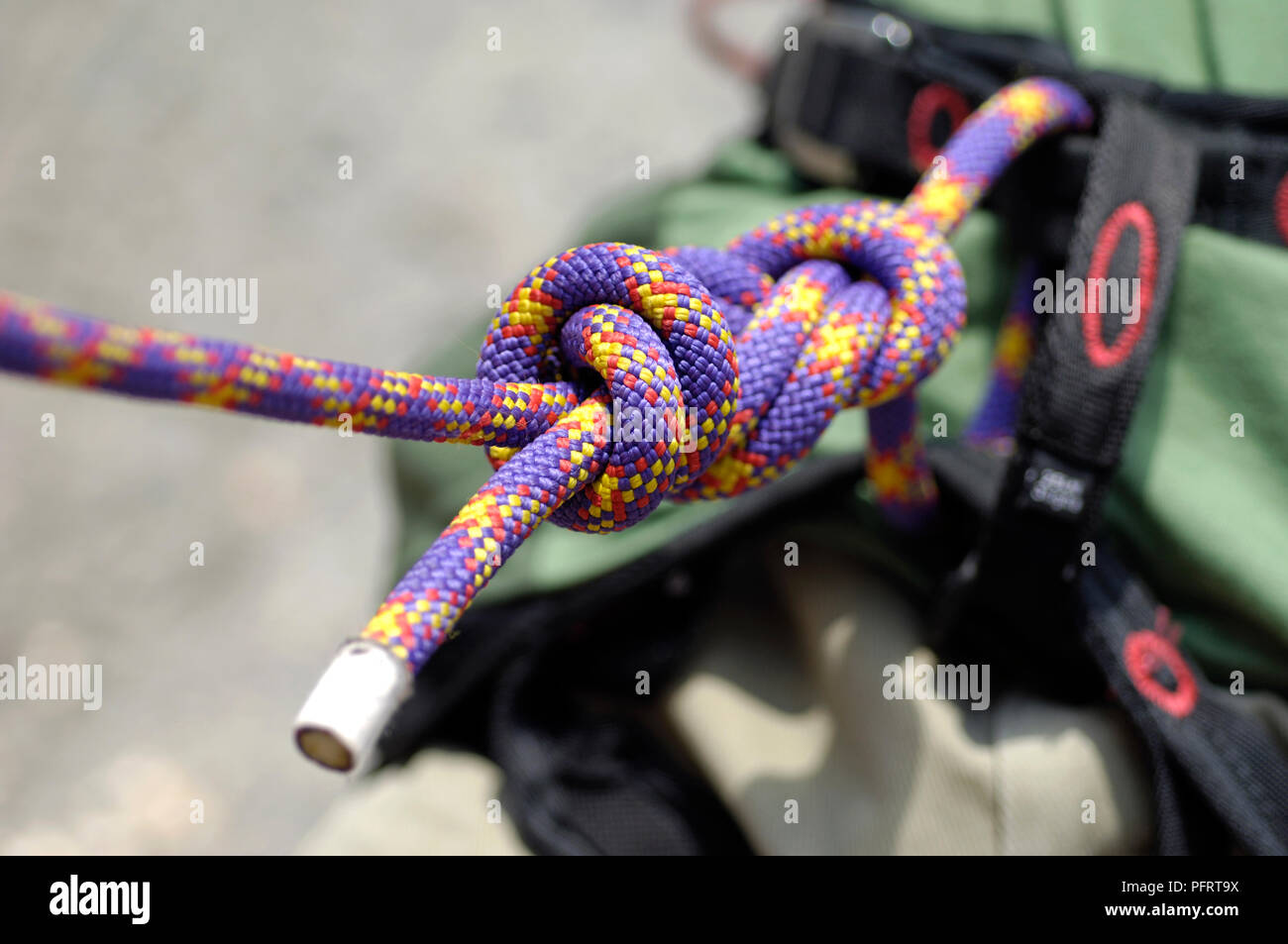 Double-stopper knot in climbing rope, close-up Stock Photo