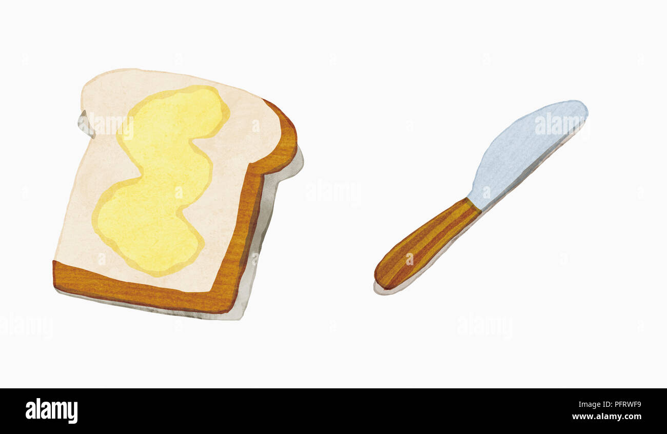 Illustration, Buttered toast and knife Stock Photo