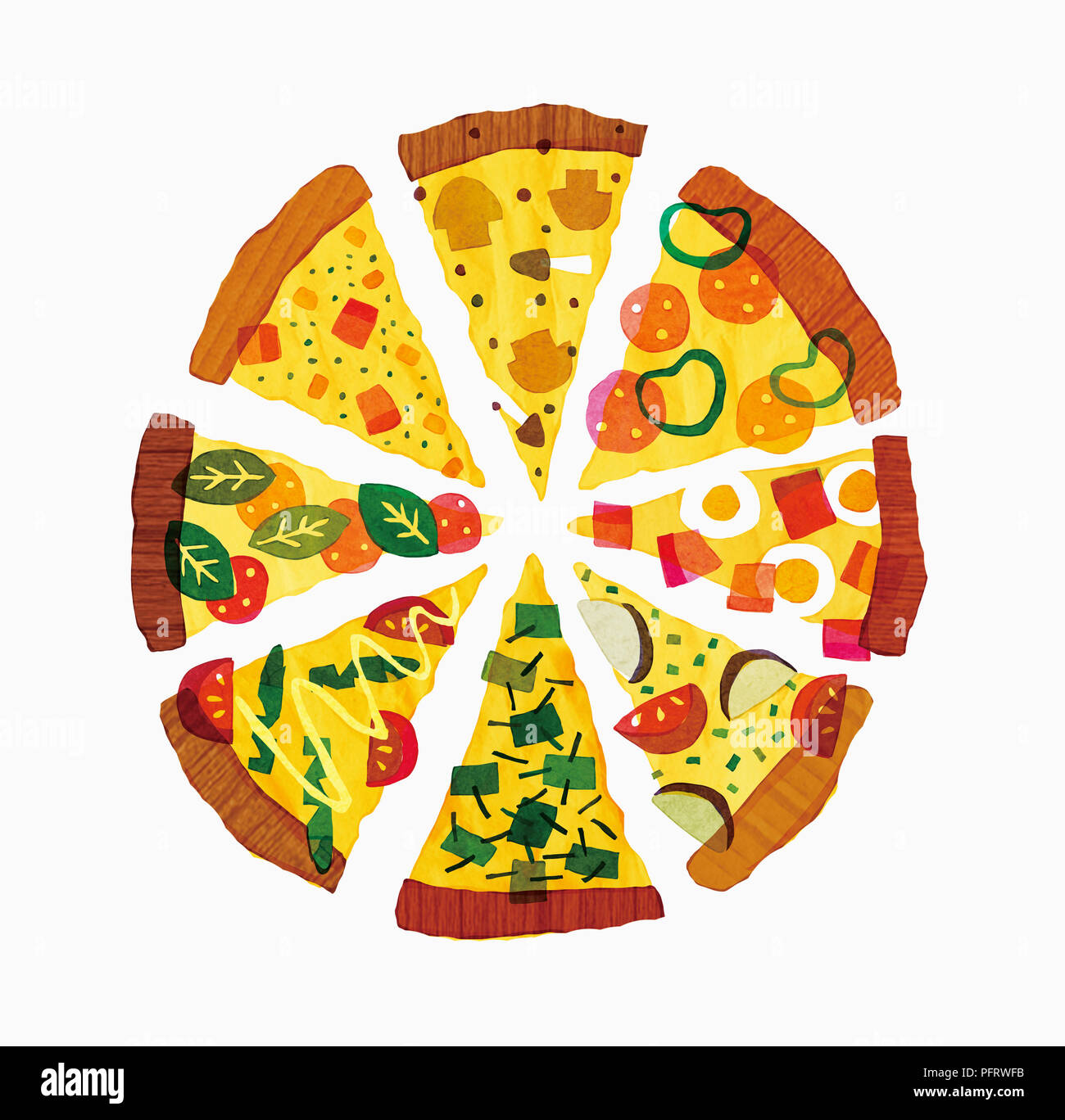 Illustration, Pizza slices with different toppings Stock Photo