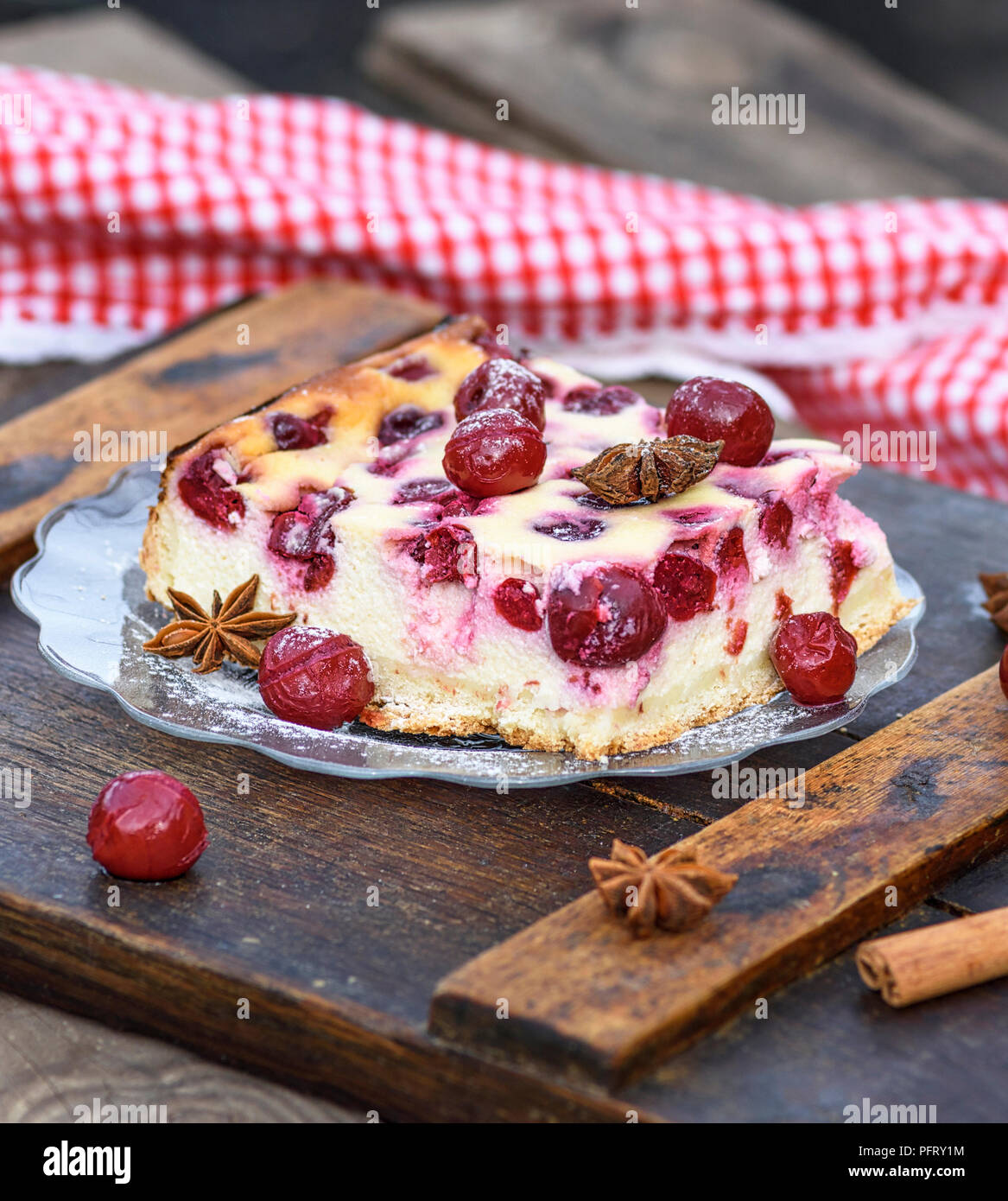 Piece Of Cottage Cheese Pie And Canned Cherries Close Up Stock