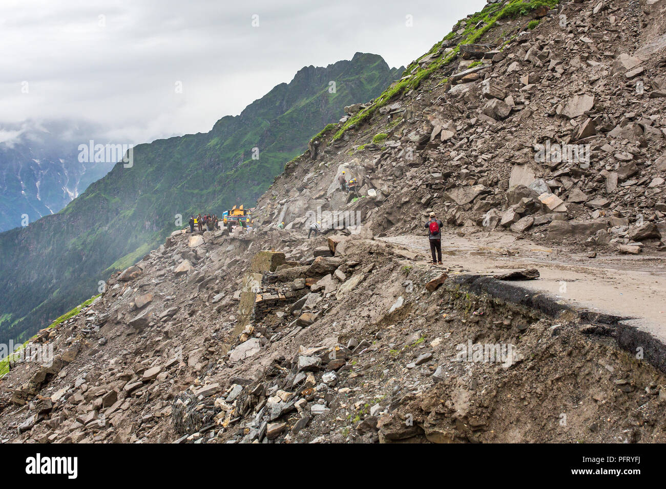 Manali, India - July 19, 2017: Landslide on the Manali - Leh Highway at the Rohtang pass area, HImachal Pradesh, India. Stock Photo