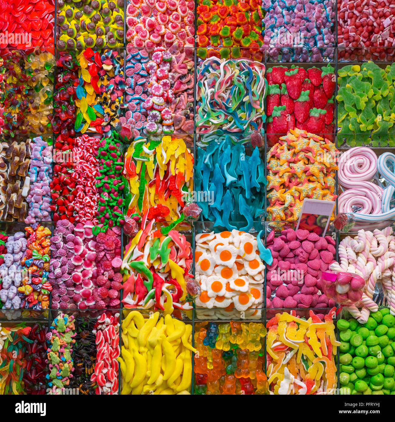 Assorted gummy candies in the shop. Top view. Jelly sweets. Stock Photo