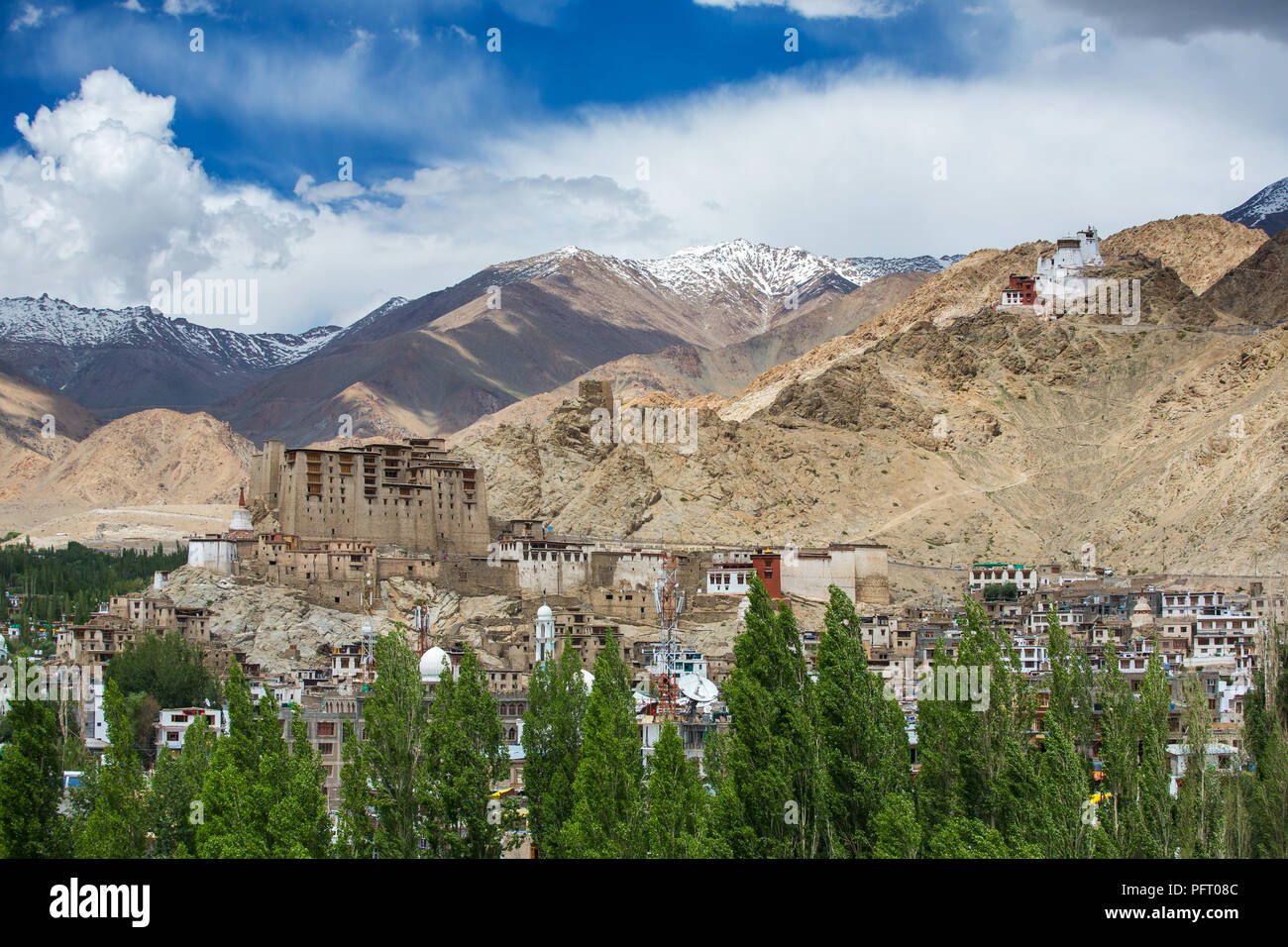 Beautiful view of Leh palace and Tsemo Maitreya temple with Himalaya mountains at background, Jammu and Kashmir, India. Stock Photo