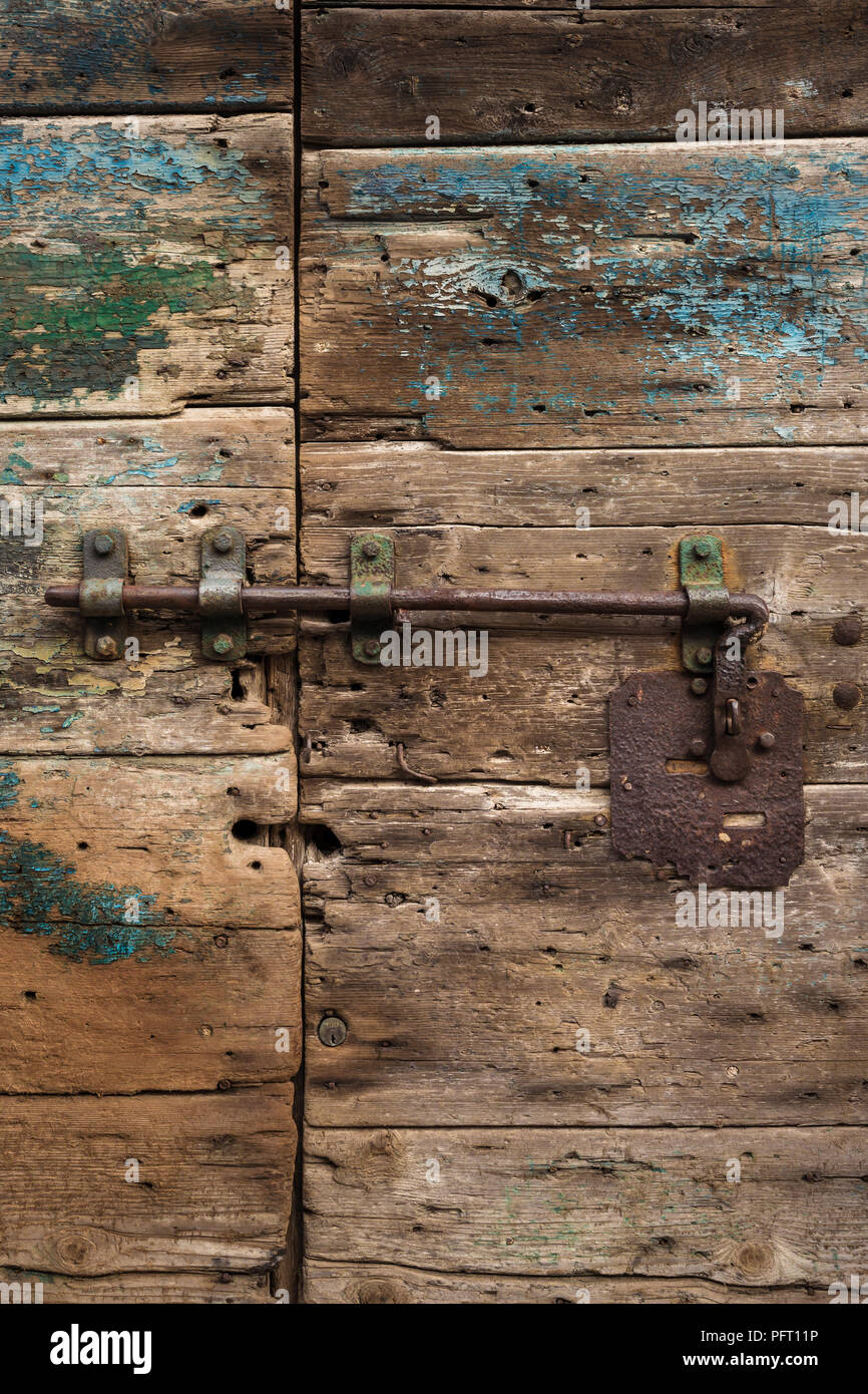 Old wooden door close up view background Stock Photo