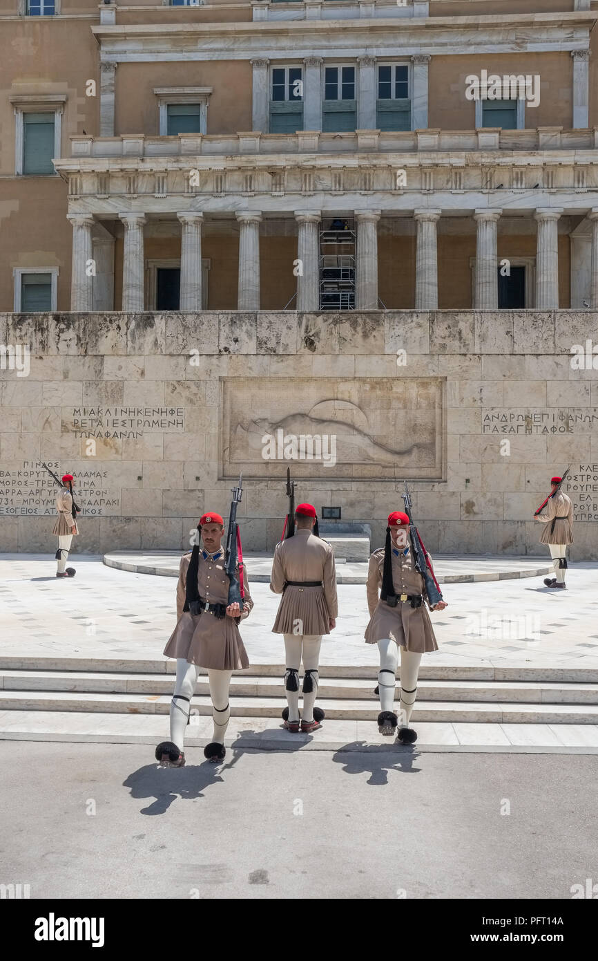 Athens, Greece - June 6, 2018: The Changing of the Guard ceremony takes place in front of the Greek Parliament Building Stock Photo