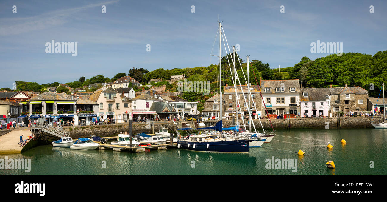 UK, Cornwall, Padstow, leisure boats moored in inner harbour, panoramic Stock Photo