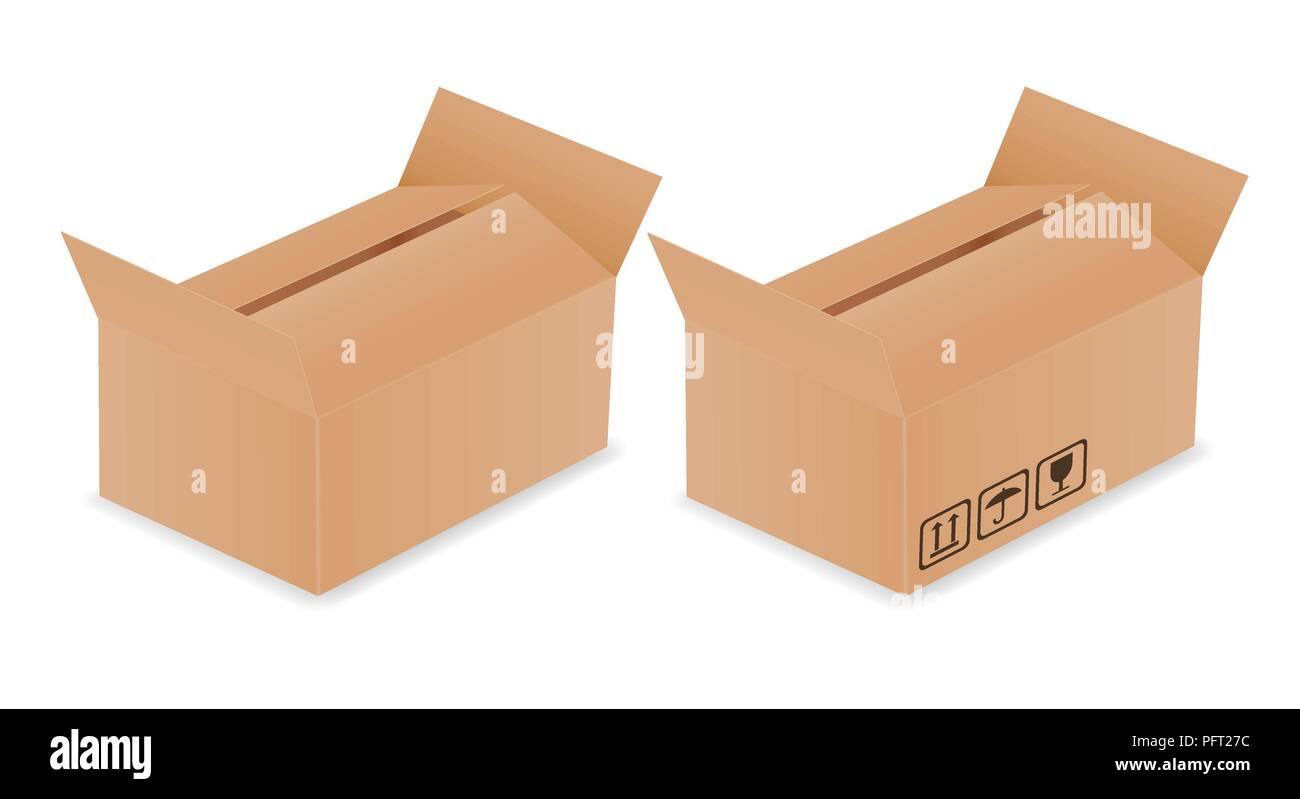Set of two Vector realistic illustration of carton delivery box with open lid and transport symbols - isolated on white backgroung, with space for tex Stock Vector