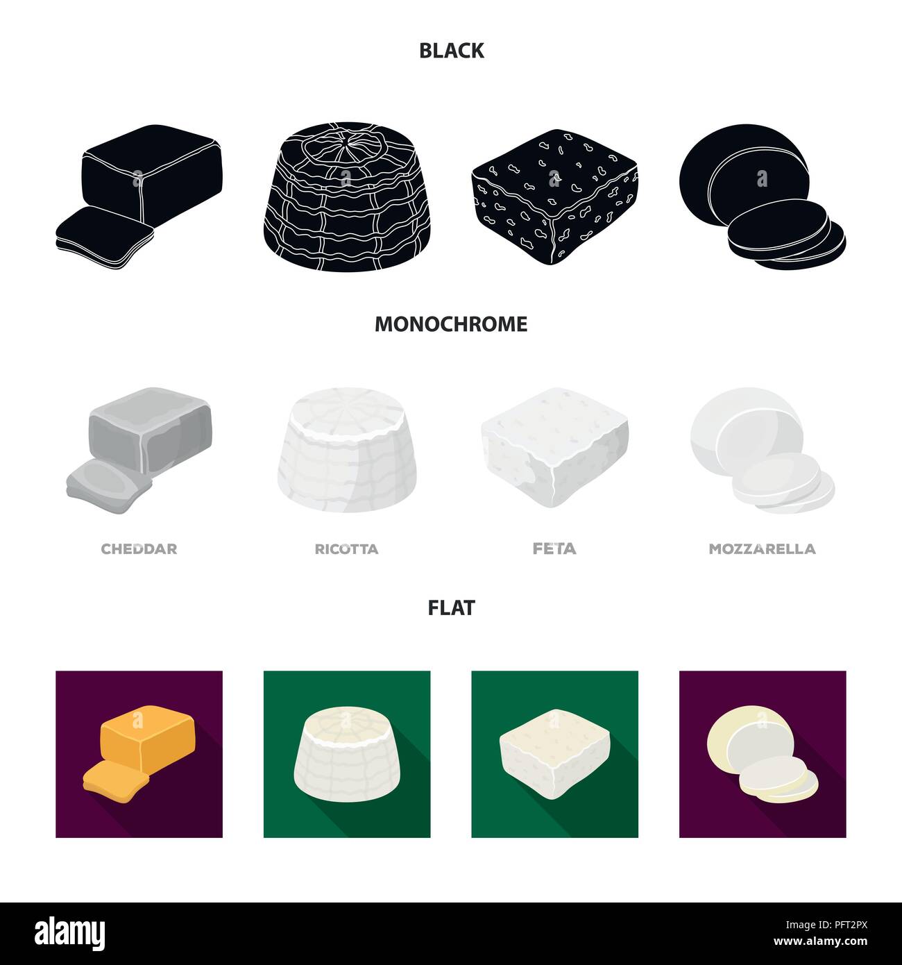 Mozzarella, feta, cheddar, ricotta.Different types of cheese set ...