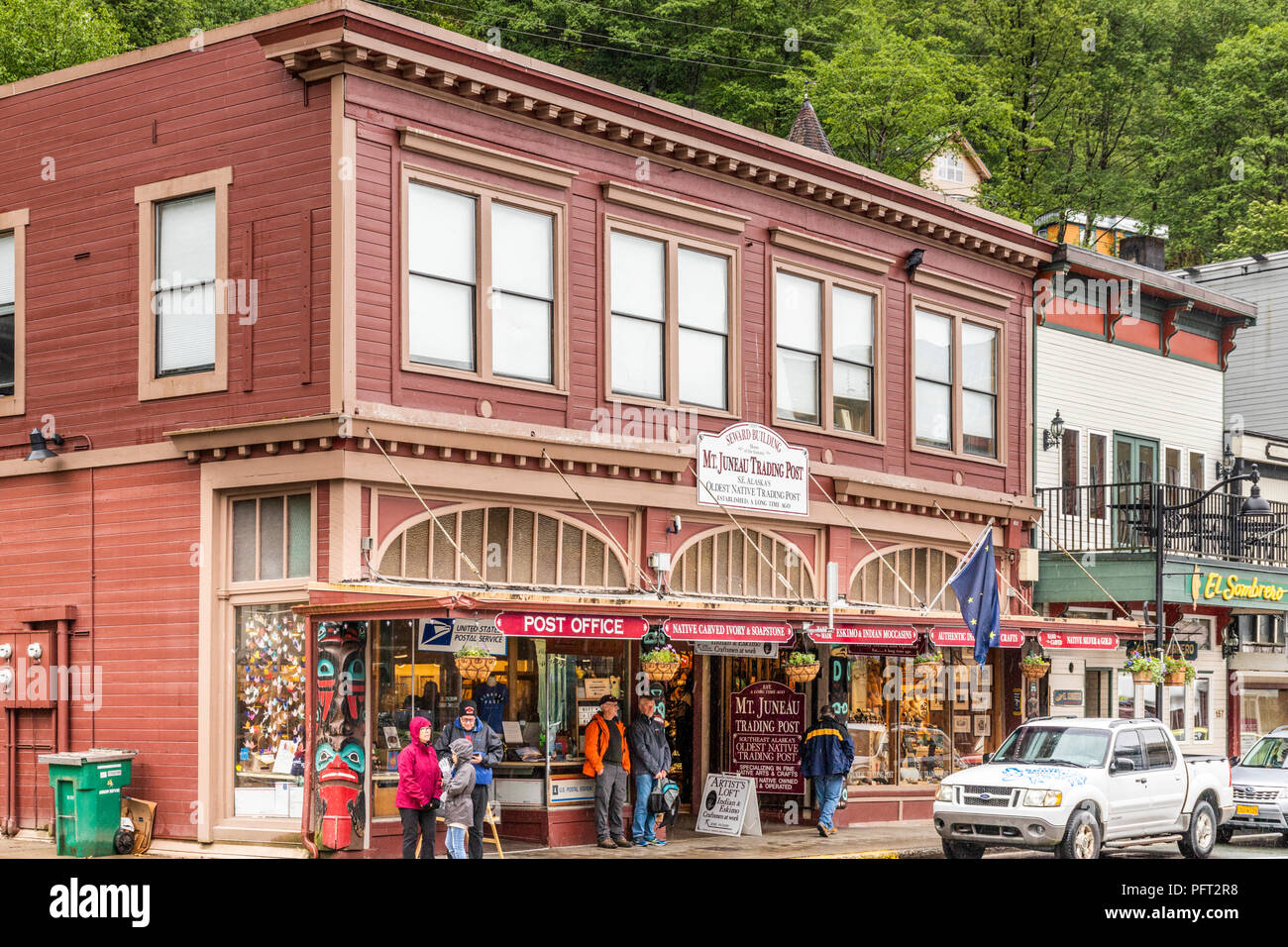 Mount Juneau Trading Post - SE Alaskas Oldest Native Trading Post Established a Long Time Ago -  on a rather wet day in Juneau, the capital city of Al Stock Photo