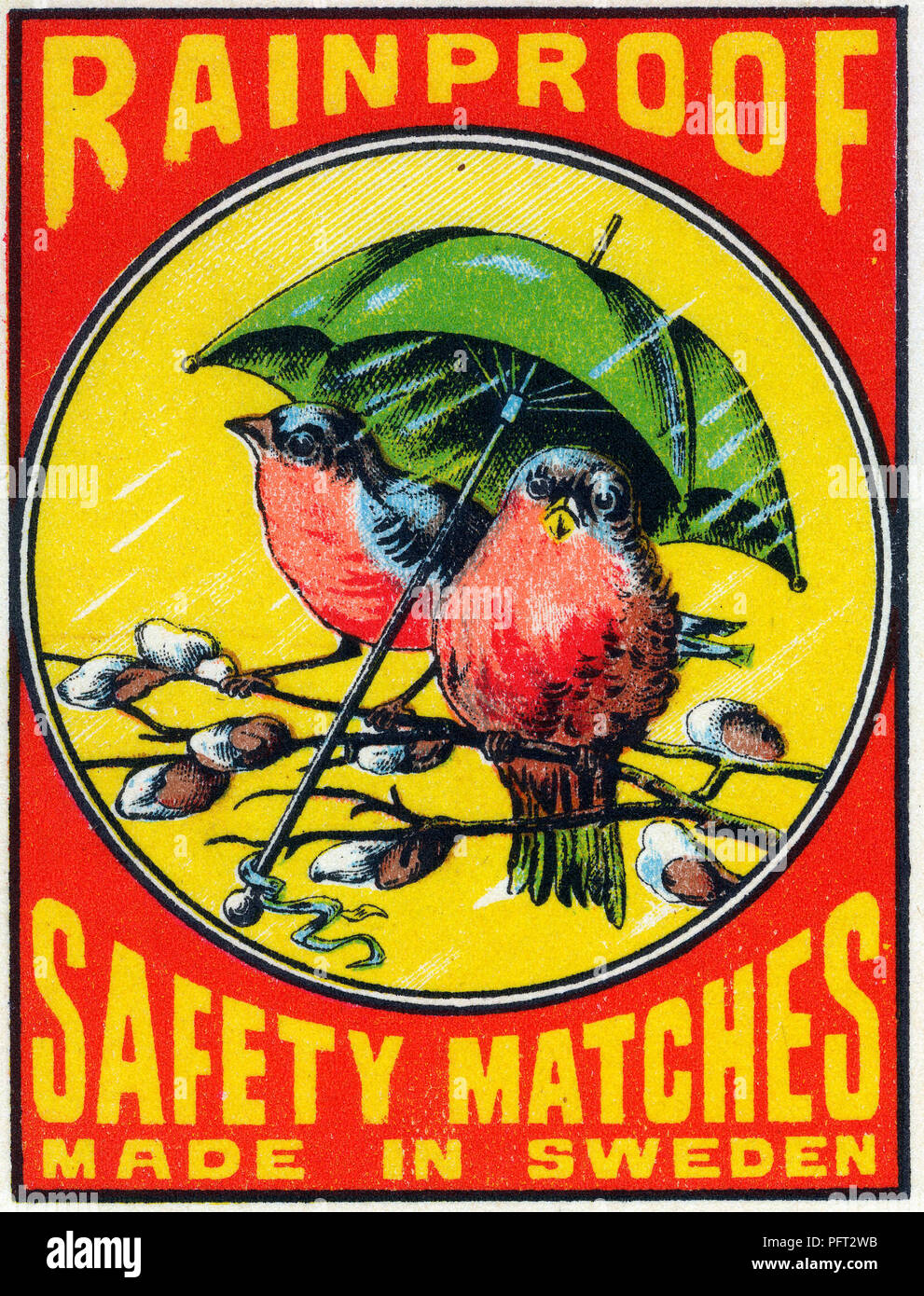 Antique safety matches. The label of this antique matchbox label shows two birds sitting under an umbrella to avoid the rain. The text says Rainproof safety matches. Made in Sweden. Stock Photo