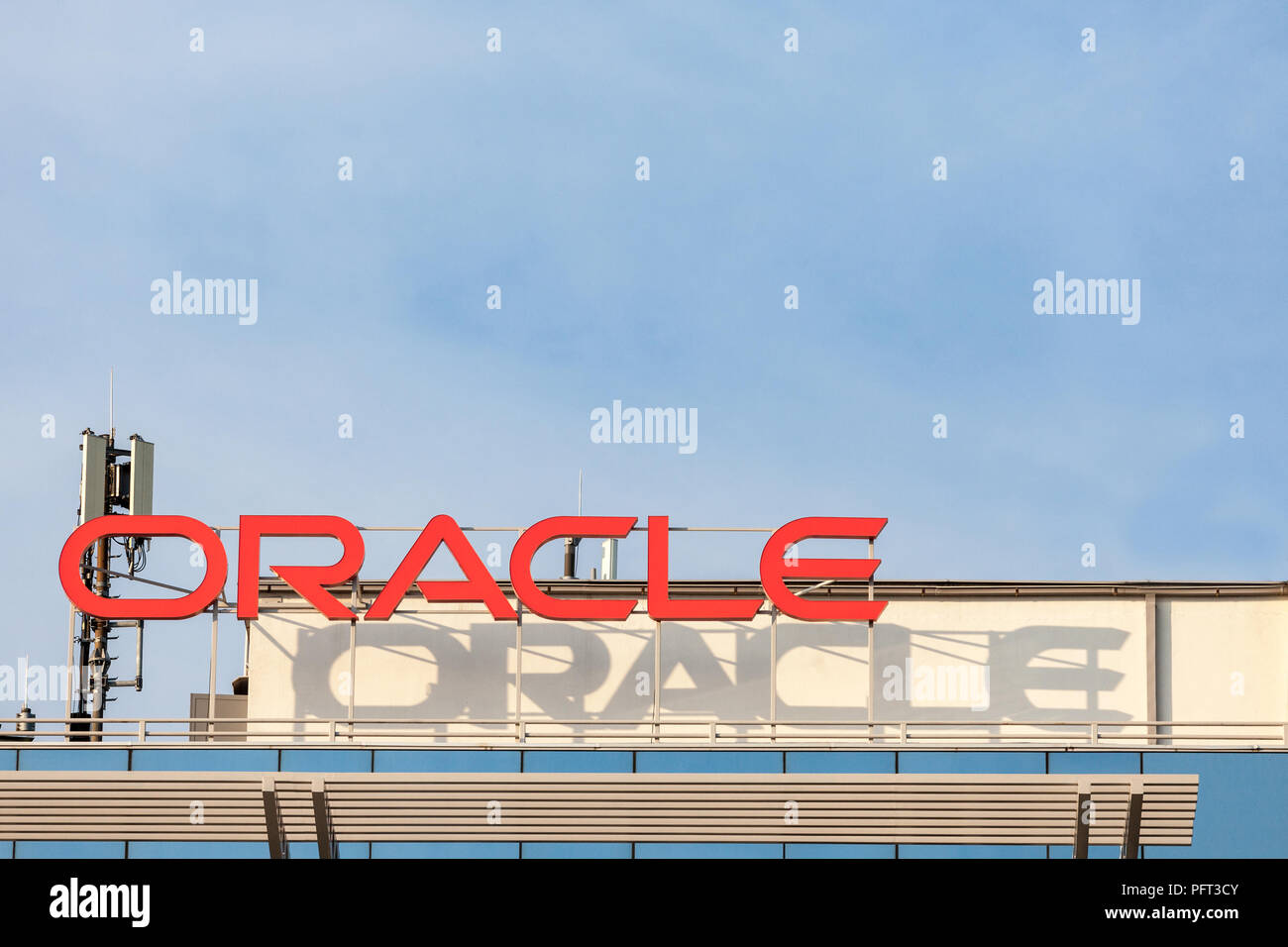 BELGRADE, SERBIA - AUGUST 21, 2018: Oracle logo on their main offices for Belgrade, Serbia. Oracle is an American multinational computer technology co Stock Photo