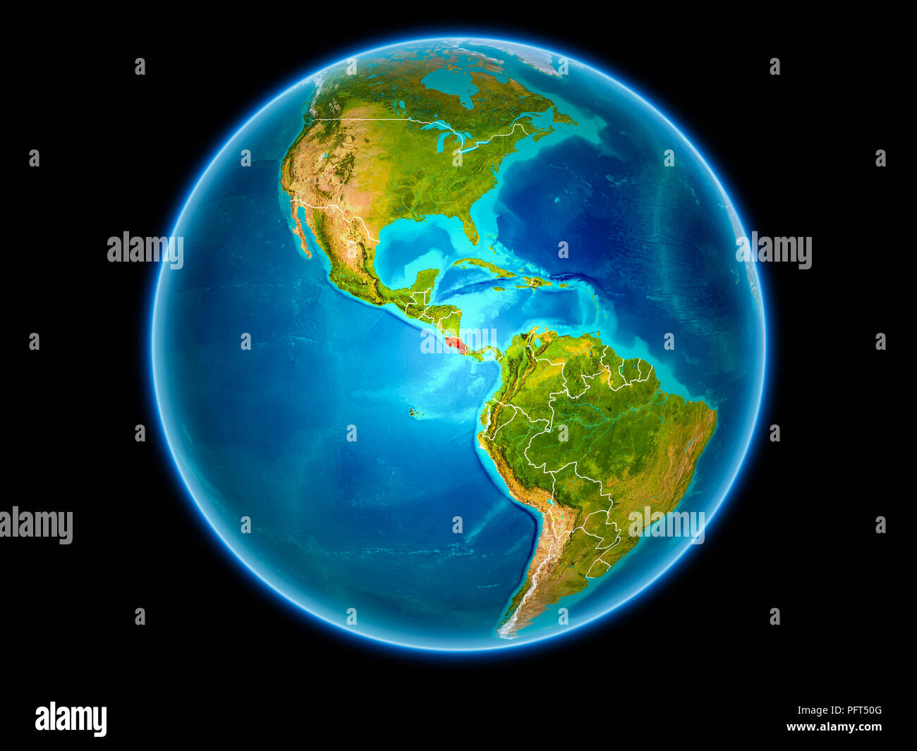 Costa Rica in red with visible country borders from space. 3D ...