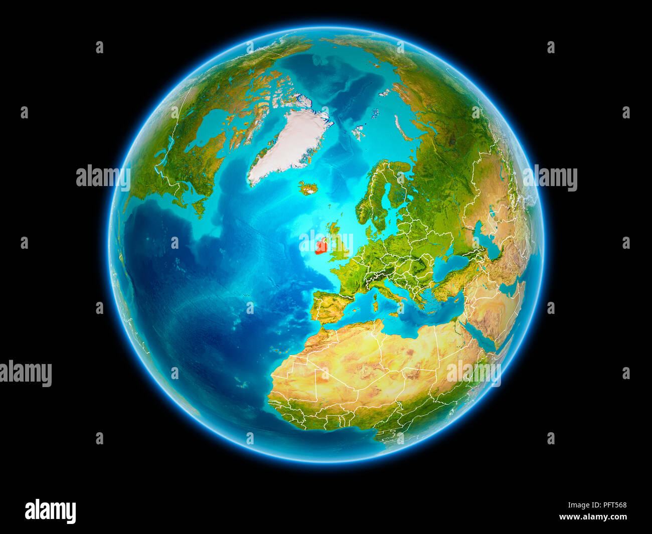 Ireland in red with visible country borders from space. 3D illustration ...