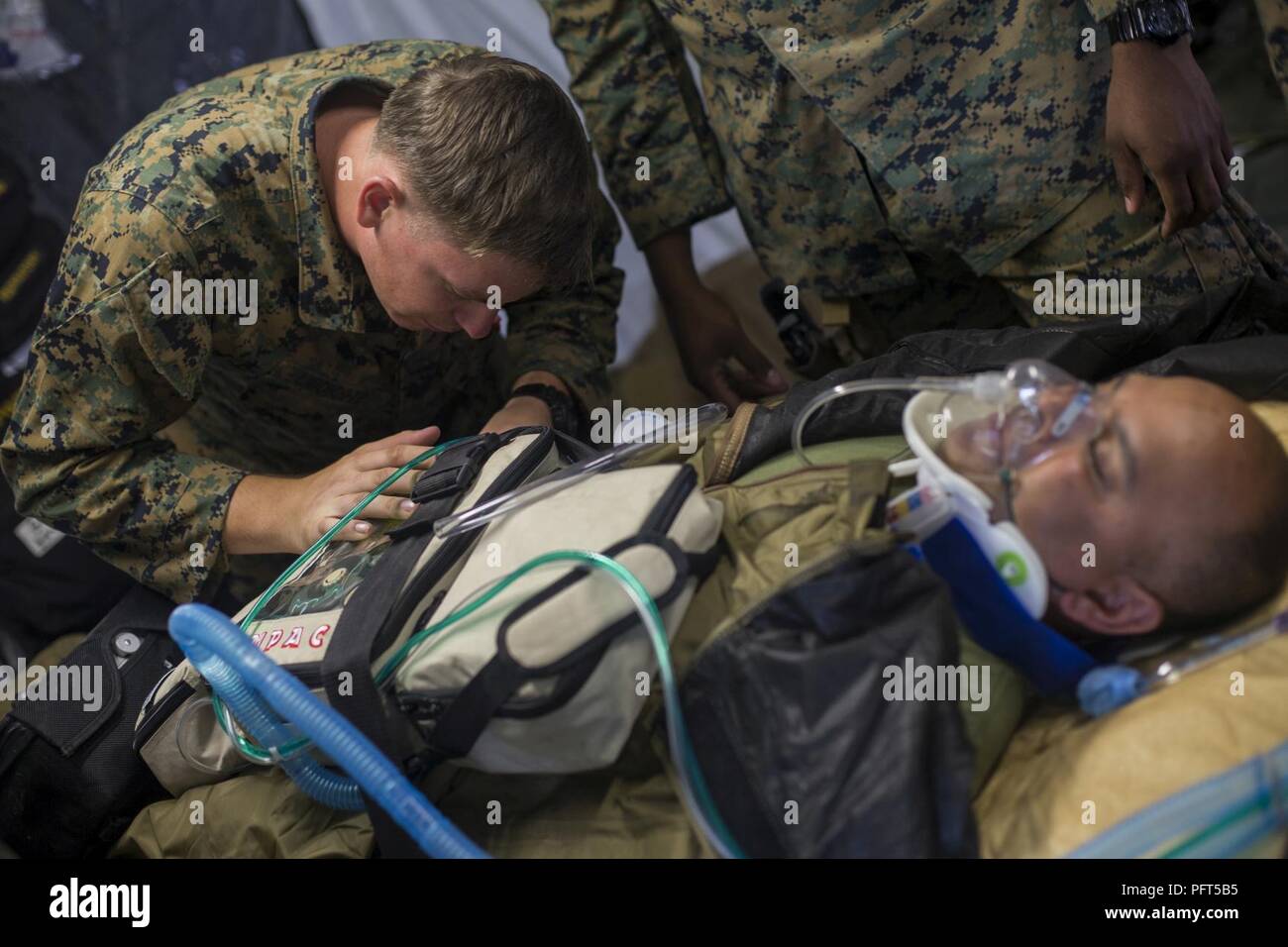 U.S. Navy Petty Officer 3rd Class Colin Liddicote with 2nd Medical Battalion, 2nd Marine Logistics Group, prepares a simulated casualty for casualty evacuation inside a Rule 2 Shock Trauma Platoon field surgical tent during a command post exercise on Landing Zone Egret, Camp Lejeune, N.C., May 21, 2018. 2nd Med. Bn. conducted a CPX in order to improve its warfighting readiness in command and control of Surgical Company. Stock Photo