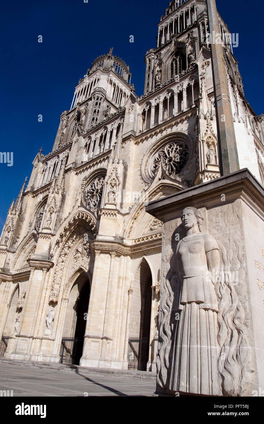 France, Orleans, Loiret, Cathedrale Sainte-Croix d'Orleans (Orleans Cathedral), gothic facade with statue of Joan of Arc Stock Photo