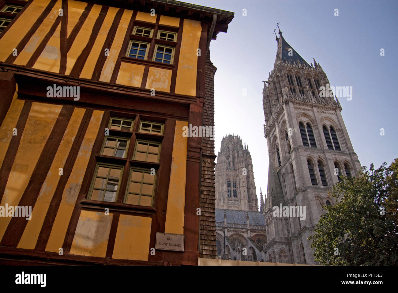 France, Rouen, Old Town, timber framed building and tower of Gothic ...