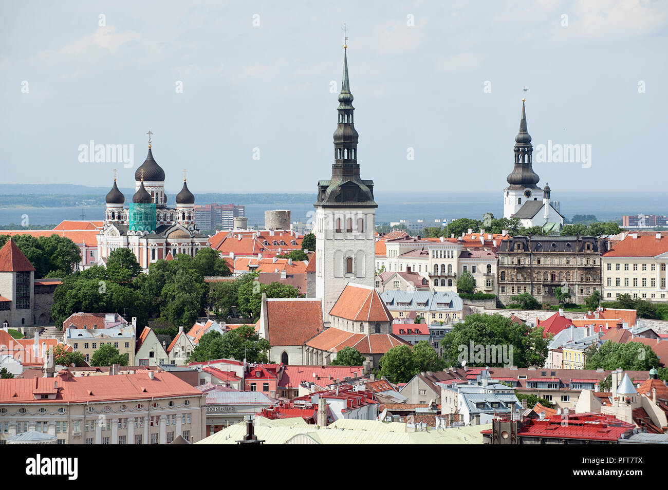 Estonia, Tallinn, view over rooftops including Dome Church, Niguliste Church and the Orthodox Cathedral of Alexander Nevsky Stock Photo