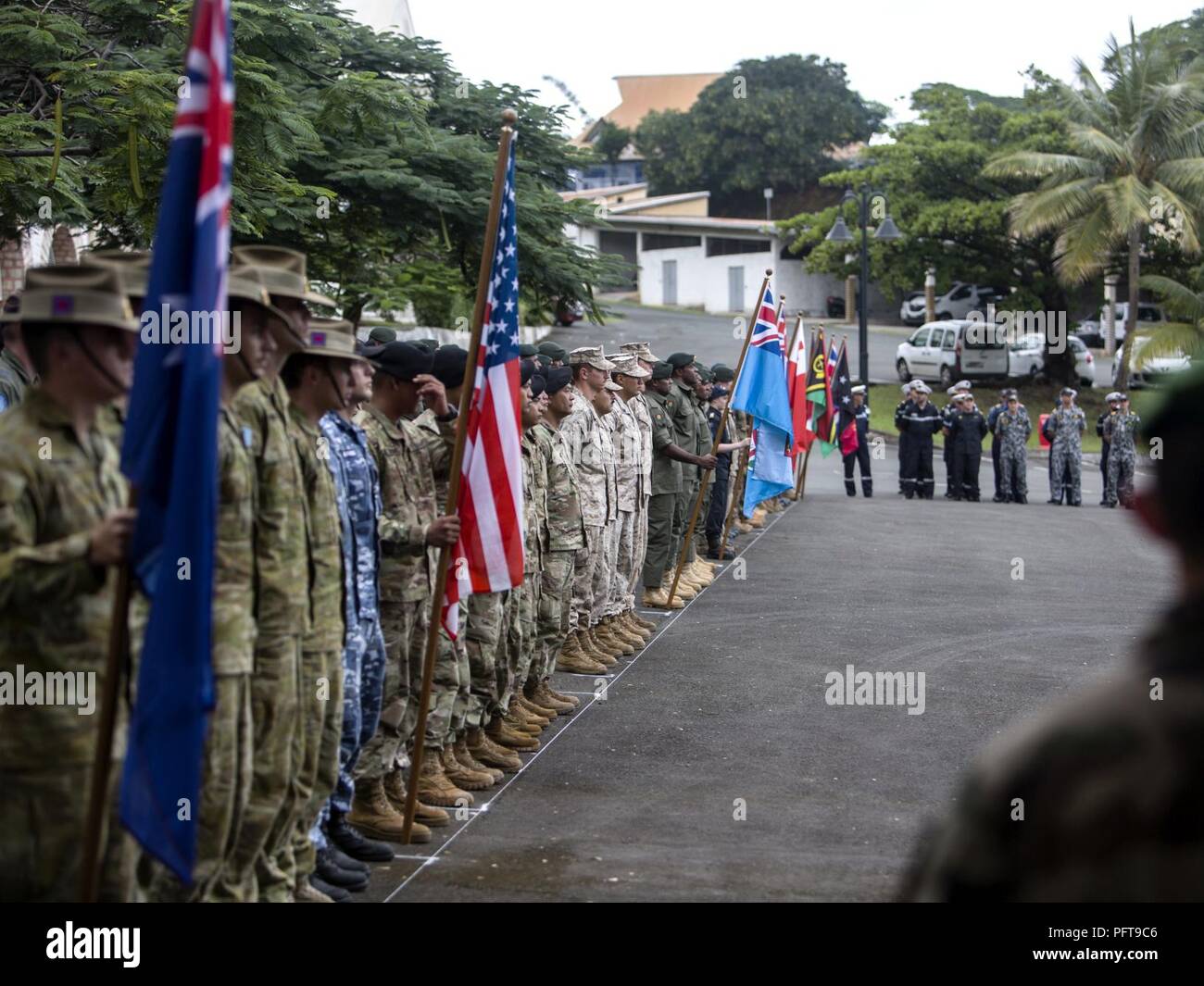 Multiple Nations participate in a closing ceremony for exercise Croix Du Sud at Noumea, New Caledonia, May 25, 2018. The exercise, hosted by the French, is a multi-national humanitarian assistance and disaster relief, a non-combatant evacuation operation and a stability and security operations field training exercise. The Marines are a part of Marine Rotational Force - Darwin, established by former U.S. President Barack Obama and former Australian Prime Minister Julia Gillard in 2011 to build and strengthen partnerships in the Pacific region. Approximately 1,500 Marines are participating in tr Stock Photo