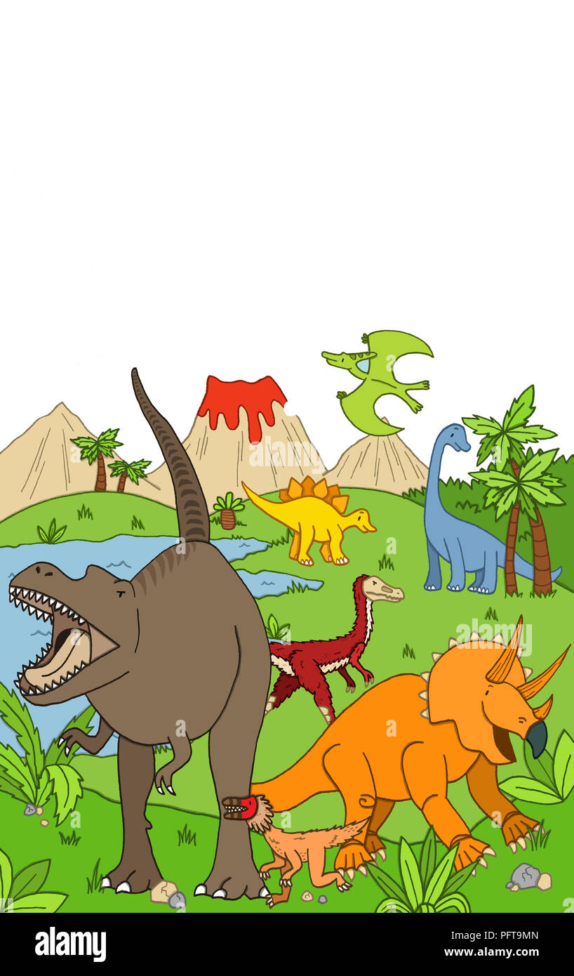 Illustration of prehistoric landscape populated with various dinosaurs Stock Photo