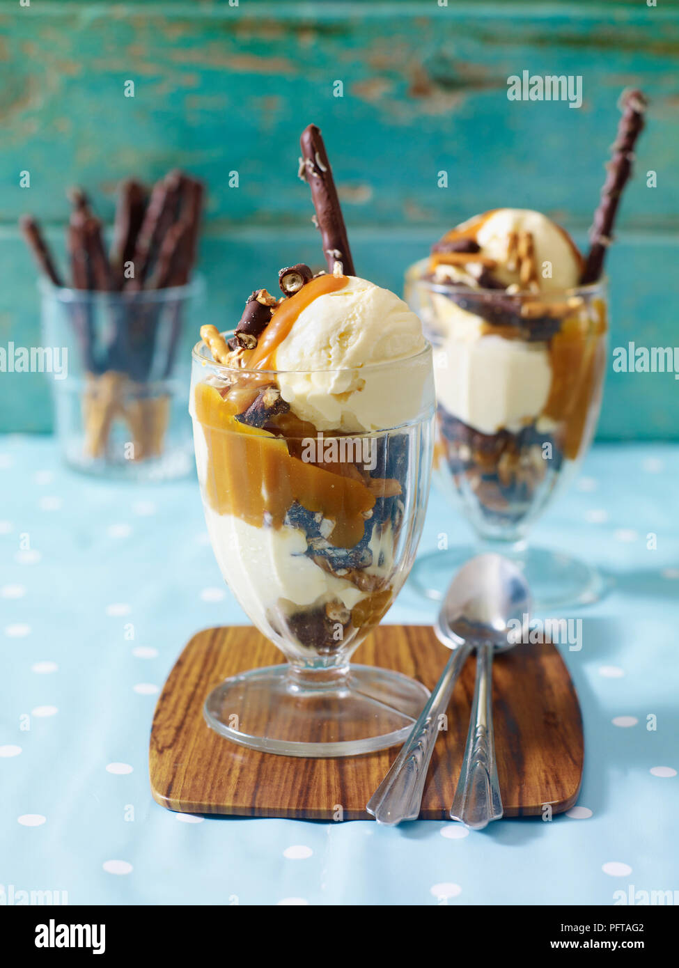 Ice cream sundae with caramel sauce Stock Photo