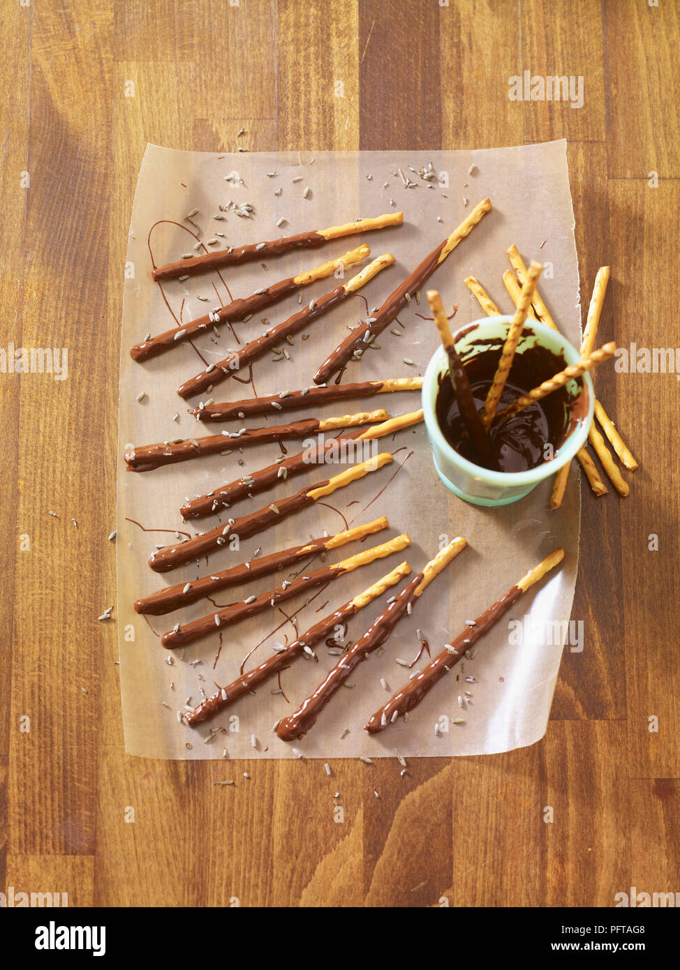 Chocolate covered pretzel sticks Stock Photo