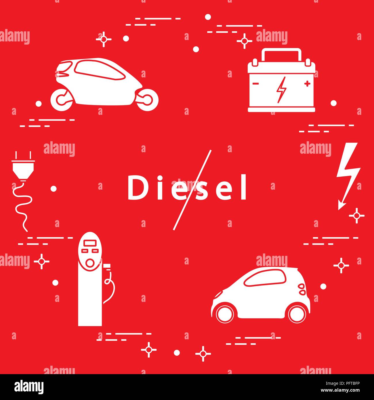 Ban on diesel engines. Transport is environmentally friendly. Electric cars, battery, charging station, electrical safety sign, cable, electrical plug Stock Vector