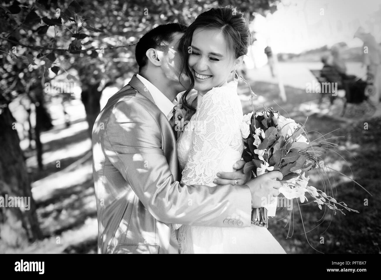 Beautiful wedding. happy groom and bride in nature Stock Photo