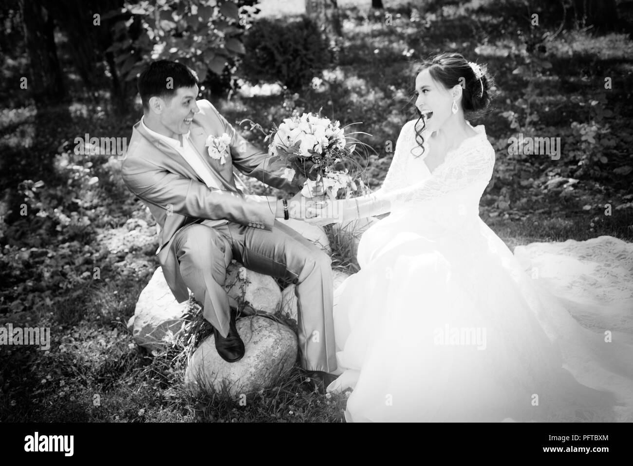 Beautiful wedding. happy groom and bride in nature Stock Photo